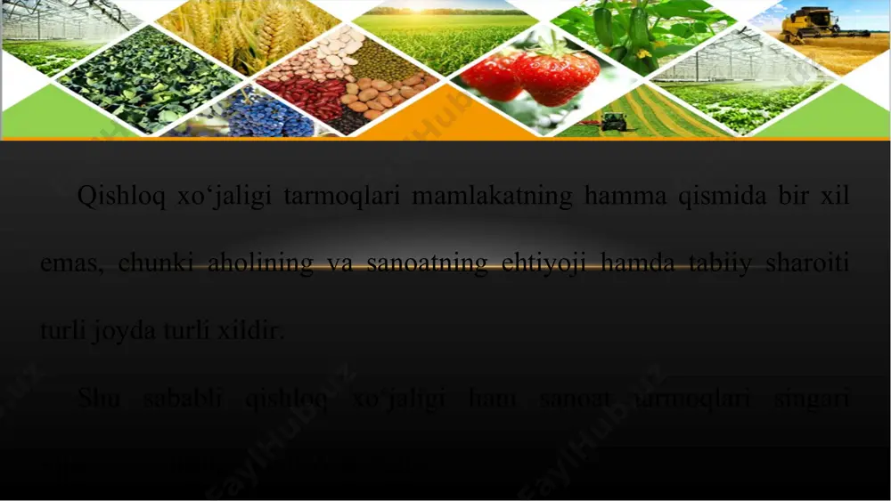 ivojlangan. ular qish va bahorda cho‘llarda, yozda esa tog‘ yaylovlariga haydab boqiladi, kuzda yana cho‘lga qaytarib kelinadi. sanoat ishlab chiqarishi to‘plangan yerlarda, shaharlar tevaragida shahar atrofi qishloq xo‘jaligi tarkib topadi. bunday xo‘jaliklarda shahar aholisini yangi oziq-ovqat mahsulotlari bilan ta’minlash uchun sabzavot, mevalar yetishtiriladi, qoramol, parranda boqiladi, hovuzlarda baliq urchitiladi. bir mintaqada ko‘p tarmoqli qishloq xo‘jaligi yuritilishiga sabab nima? viloyatingiz ixtisoslashgan qishloq xo‘jaligi boshqa sohalar bilan qanday aloqadorligini o‘quv atlasidan foydalanib tushuntiring. 61-rasm bo‘yicha dehqonchilik mahsulotlarini yetishtirish mintaqalarini tahlil qiling va xulosa chiqaring.