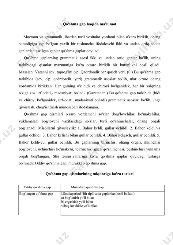 n 2. murakkab period (turli yoki aralash soda gaplardan hosil bo'ladi) a) bir butunlikdan b) ikki butunlikdan v) uch va undan ortiq butunlikdan oddiy qo'shma gap mazmun va grammatik jihatidan o'zaro bog'lanib, ohang butunligiga ega bo'lgan qo'shma gap oddiy qo'shma gap deyiladi. masaln: tong otdi va sayohatchilar yo'lga chiqishdi. suv keldi, nur keldi. bunday qo'shma gaplar tarkibidagi sodda gaplar bo'g'lovchilar, turli qo'shimchalar va ohang hamda ko'makchilar bilan o'zaro bog'lanib sodda gaplarning soni ikkita bo'ladi. oddiy qo'shma gaplar quyidagi turlarga bo'linadi: jadval bog'lanish yo'llariga ko'ra mazmun munosabatiga ko'ra bog'langan qo'shma gap teng aloqada bo'ladi.biriktiruv, zidlov, ayiruv, qiyoslash va izohlash, sabab, natija, payt munosabatlarini ifodalaydi. ergashgan qo'shma gap bosh gapga nisbatan ega, kesim, aniqlovchi, to'ldiruvchi, ravish, o'rin-payt, sabab, natija, munosabatlarini ifodalaydi. bog'lovchisiz qo'shma gap (faqat ohang orqali) biriktiruv, zidlov, payt, shart, to'siqsizlik, natija, sabab, o'xshatish, izohlash, munosabatlarini ifodalaydi. bog'langan qo'shma gap tarkibidagi sodda gaplarning o'zaro teng aloqaga kirishuvidan tuziladigan gaplar bog'langan qo'shma …