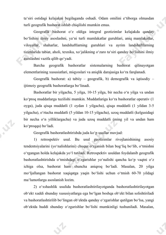 ngan holda kelajakda yo‘l tutiladi. retrospektiv usuldan foydalanib geografik bashoratlashtirishda o‘tmishdagi o‘zgarishlar yo‘nalishi qancha ko‘p vaqtni o‘z ichiga olsa, bashorat ham shuncha aniqroq bo‘ladi. masalan, 20 yilga mo‘ljallangan bashorat xaqiqatga yaqin bo‘lishi uchun o‘tmish 60-70 yildagi ma‘lumotlarga asoslanish lozim. 2) o‘xshashlik usulida bashoratlashtirilayotganda bashoratlashtirilayotgan ob‘ekt xuddi shunday xususiyatlarga ega bo‘lgan boshqa ob‘ekt bilan solishtiriladi va bashoratlashtirilib bo‘lingan ob‘ektda qanday o‘zgarishlar qutilgan bo‘lsa, yangi ob‘ektda huddi shunday o‘zgarishlar bo‘lishi mumkinligi tushuniladi. masalan, ko‘riladigan atrof muhitga ta‘sirini bashoratlashtirishda o‘xshash sharoitlarda joylashgan boshqa suv omboriga doir ma‘lumotlardan foydalanish mumkin. 3) ekstrapolyatsiya usuli geografik bashoratlarda, masalan, gidrologiya, meteorologiya, iqlimshunoslikda qo‘llaniladi. ekstrpolyatsiya uchun nisbatan uzoq davrdagi bir qator ko‘rsatkichlar zarur. chunki bu ko‘rsatkichlarni tahlil qilish asosida bashorat tuziladi. geografik bashoratlashtirishda landshaftli indikatsiya usuli dala sharoitida tadqiqot ishlari olib borilayotganda keng qo‘llaniladi. bu usulning mohiyati shundaki, landshaftning indikatorlik xususiyatiga ega bo‘lgan komponentlari orqali kuzatib bo‘lmaydigan komponentlarni o‘rganish mumkin bo‘ladi. masalan, yantoq yoki qamish sizot suvlarining sathini …