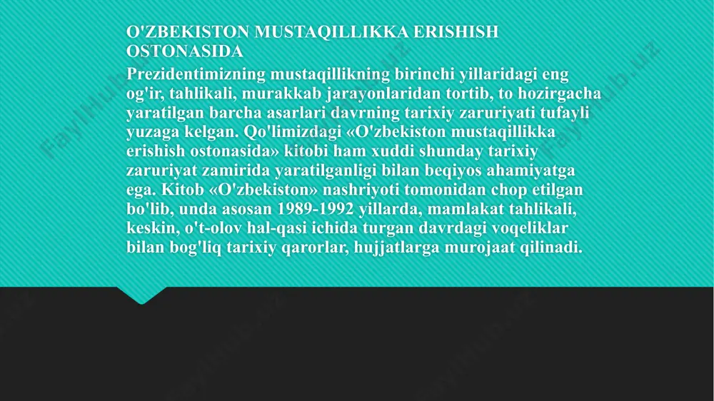 atonatu mardligi omon saqlab qolganligiga imon keltirdim. 1989 yildagi farg'ona, 1991 yildagi toshkent, 1992 yildagi namangan voqealarining keskin pallalarida prezidentimiz diniy radikal kuchlarning nayrangu qilmishlariga uchgan, ko'zi qonga to'lgan olomon ichiga yonida qo'riqchilarsiz, yolg'iz o'zi hayotini xavf ostiga qo'ygan holda jasorat bilan kirib borib, xalqimizni ro'y berishi mumkin bo'lgan fojia, turli falokatlardan asrab qoldilar. o'zbek tiliga davlat tili maqomining berilishi mustaqillikka qo'yilgan jasoratli qadam bo'lsa, aholiga tomorqa berish to'g'risidagi oqilona qarori xalqimizni ertangi kuniga yorug' ishonch uyg'otishi bilan birga, turmush farovonligini yuksaltirdi, paxta maydonlarini qisqarishiga olib keldi. kitobni o'qib, hayratga tushasan kishi. va bizga mana shunday donishmand, adolatli sarbonni boshimizga soyabon qilib qo'yganligi uchun ollohga shukronalar aytdim. bu kitob ilgari ma'lum qilinmagan, matbuotda e'lon qilinmagan juda ko'p voqeliklardan bizni voqif qiladi, bu yorug', osoyishta, saodatli kunlarni qadriga yetishga undaydi. tabiiyki, qo'limizdagi bir burda nonni qaysi mehnat, zahmat orqali yaratilganini bilmasak, uni isrof qilamiz, qadriga yetmaymiz. shu ma'noda mazkur tarixiy kitob …