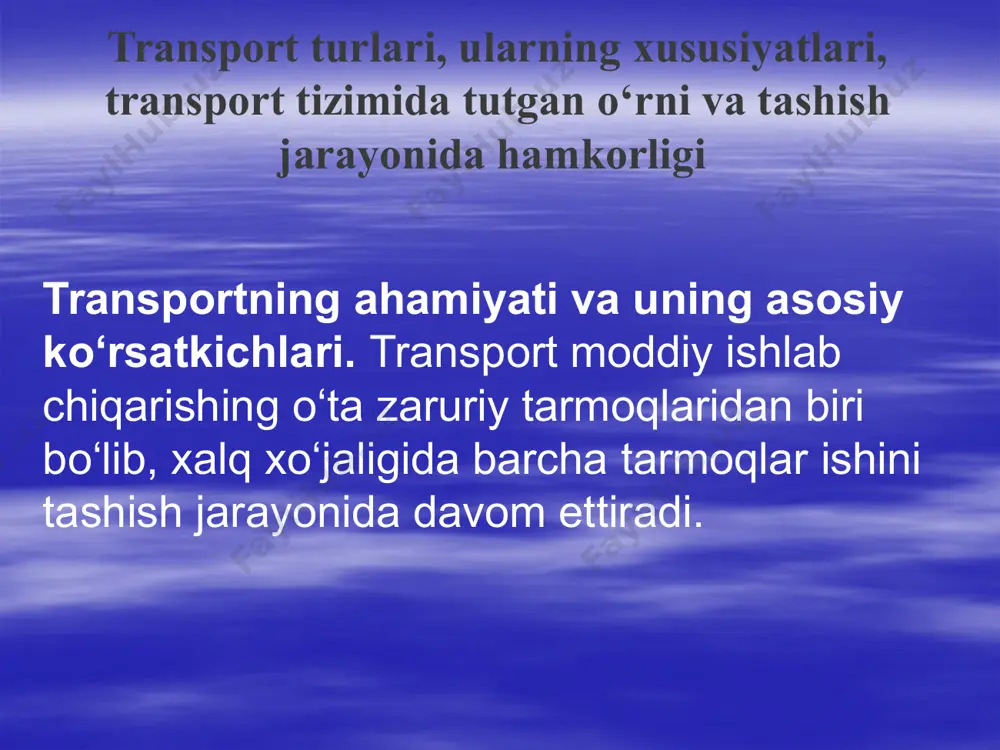 t turlari orasida taqsimlanishi juda ko‘p omillarga, ushbu transport turining nohiya va hududlarda mavjudligi va ularning texnikiqtisodiy samaradorligiga bog‘liq bo‘ladi. bunda tashish tannarxi, kapital mablag‘larga ehtiyoj, tashish sifati, tezligi, muntazamligi, qulayligi, yuklar holatining saqlanishi, tashish qobiliyati, mehnat unumdorligi, metall va yoqilg‘i sarfi kabilarning ahamiyati katta. temir yo‘l transporti. ushbu transport turi ommaviy tashishlar uchun qulay, iqlimiy sharoitlar va yil fasllaridan qat’i nazar kechayu-kunduz birday ishlaydi. temir yo‘llarning tabiiy boyliklarni o‘zlashtirishdagi o‘rni katta. yuk aylanishi bo‘yicha temir yo‘l transportiga mamlakatdagi barcha yuk aylanmasining 55% dan ortiqrog‘i to‘g‘ri keladi. respublikamizning tashqi iqtisodiy aloqalaridagi o‘rni katta bo‘lib, eksport-import yuklarni tashishning 70% dan ortiqrog‘i temir yo‘llar orqali bajariladi. temir yo‘llar neft va neft mahsulotlarini, ko‘mir, qora va rangli metallar, kimyoviy va mineral o‘g‘itlar, paxta tolasi, don va boshqa qishloq xo‘jalik mahsulotlari, sanoat qurilishi va boshqa ommaviy yuklarni tashishda muhim o‘rin egallaydi. temir yo‘llarda tashish tannarxi arzon bo‘lib, avtomobil transportiga nisbatan 3-5 barobar, havo transportiga …