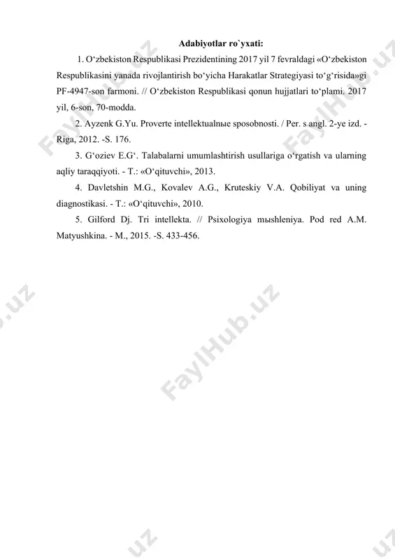 xulosa odamning ruxiy iaraqqiyoti va shaxsiy xususiyatlarining tarkib topishi haqida gapirar ekanmiz, yana bir muhim narsa ustida to‘xtab o‘tish kerak. hozirgi kunda tez-tez akseleratsiya terminini ishlatayapmiz. xo‘sh akseleratsiya bu nima? akseleratsiya so‘z bo‘lib, tezlatish degan ma’noni anglatadi . hozirgi kunda bolalarni ham jismoniy, ham jismoniy, ham ruhiy jihatdan juda jadallik bilan rivojlanayotganliklarining guvohi bo‘lib turibmiz. xo‘sht buning sababi nima? - albatta bunga turli fikrlar bor. ayrim olimlar akseleratsiyaning sababini ilmiy-texnika bilan bog‘lab tushuntirishga intilmoqdalar. ularning fikricha, ilmiy-texnikaning juda jadal temp bilan rivojlanishi insoniyatning oldiga mislsiz ko‘p informatsiyalarni idrok qilish va fikrda qayta ishlash talablarini qo‘ydi. bu talab o‘z navbatida insonni har tomonlama, ya’ni ham jismoniy, ham psixik jihatdan tez rivojlanishiga olib keldi. yuqorida aytib o‘tilgan olimlarning fikricha, akseleratsiya - bu xx asrning ikkinchi yarmiga xos bo‘lgan hodisadir. adabiyotlar ro`yxati: 1. o‘zbekiston respublikasi prezidentining 2017 yil 7 fevraldagi «o‘zbekiston respublikasini yanada rivojlantirish bo‘yicha harakatlar strategiyasi to‘g‘risida»gi pf-4947-son farmoni. // o‘zbekiston respublikasi …