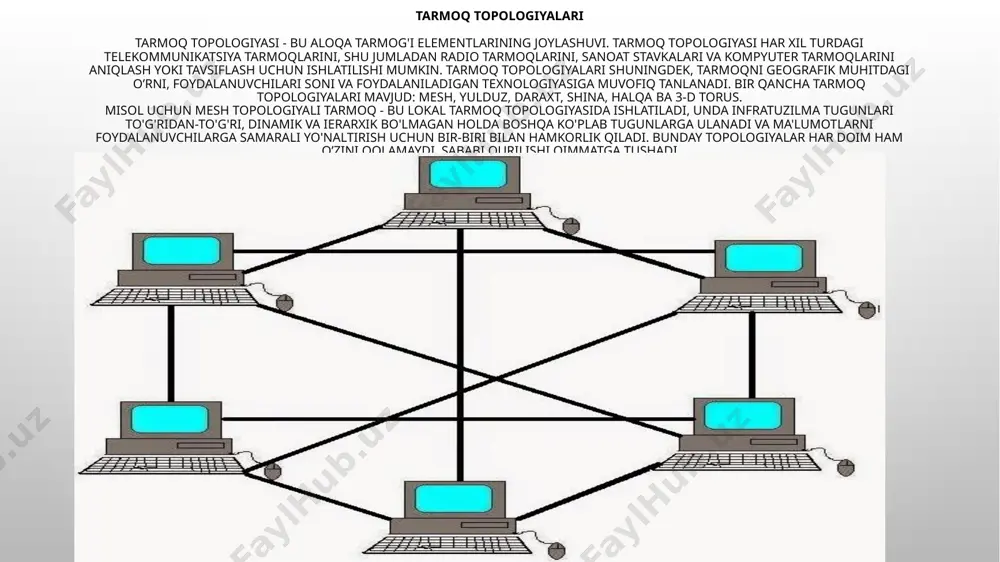 lanishi. umuman olganda, kompyuter tarmog'ini yaratish uchun maxsus apparat vositalari (tarmoq uskunalari) va dasturiy ta'minot (tarmoq dasturi) kerak. ma'lumotlar almashish uchun ikkita kompyuter o'rtasidagi eng oddiy ulanish to'g'ridan-to'g'ri aloqa deb nomlanadi. bunday holda, qo'shimcha apparat va dasturiy ta'minot talab qilinmaydi. uskuna ulanishining o'rni standart parallel port tomonidan amalga oshiriladi va barcha dasturlar allaqachon operatsion tizimda. to'g'ridan-to'g'ri ulanishning afzalligi uning soddaligi, ahvolga tushib qolish uning past tezlikda ishlashidir. kompyuter tarmog'ining asosiy elementlariga apparat, dasturiy ta'minot va protokollar kiradi. ushbu asosiy elementlarning o'zaro aloqasi tarmoq infratuzilmasini tashkil etadi. tarmoq infratuzilmasi - bu mahalliy tarmoq (lan) yoki keng tarmoq (wan) tugunlari bir-biriga bog'langan topologiyadir. mahalliy tarmoqlar (mahalliy tarmoq - lan) ular internet-provayderlarga murojaat qilgunlariga qadar yopiq infratuzilmaga ega bo'lishlari kerak. "mahalliy tarmoq" atamasi kichik ofis tarmog'ini ham, bir necha gektar maydonni egallagan yirik zavod tarmog'ini ham anglatishi mumkin. tashkilotlar, korxonalar, firmalarga nisbatan atama ishlatiladi. korporativ tarmoq - alohida tashkilotning mahalliy tarmog'i (yuridik shax …