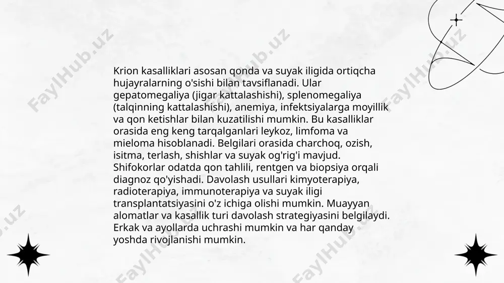 oradi va simptomlar yanada kuchayadi, bemor holati yomonlasha boshlaydi. uchinchi bosqichda, og'ir alomatlar bilan birga jiddiy asoratlar paydo bo'ladi. to'rtinchi bosqich eng og'ir hisoblanadi, bunda kasallik keng tarqalgan va yanada xavfli tus oladi, shuningdek, davolash qiyinlashadi. har bosqichda erta tashxis va o'z vaqtida davolash muhim rol o'ynaydi, bu esa kasallikning oldini olish va bemor holatini yaxshilashga yordam beradi. ... t.me/slaydai_bot krion kasalliklari odatda qishloq xo'jaligi va o'simliklarga ta'sir etuvchi muammolardan biri hisoblanadi. ular tuproq, suv va havo orqali tarqalishi mumkin. krion kasalliklari o'simliklarning o'sishi, hosildorligi va sog'lomligini pasaytiradi. odatda, bakteriyalar, viruslar yoki zamburug'lar tufayli paydo bo'lishi mumkin. ekologik omillar, masalan, harorat, namlik darajasi va shamol krion kasalliklarining yoyilishiga va rivojlanishiga ta'sir ko'rsatadi. masalan, yuqori namlik darajasi zamburug'larning rivojlanishini tezlashtiradi. ekstremal haroratlar va zararli moddalar tuproq va suvning tarkibini o'zgartirishi, bu esa o'simliklarning o'zini himoya qilish qobiliyatini pasaytirishi mumkin. shuning uchun ekologik monitoring va ekologik raqobatbardosh texnologiyalar qo'llanilishi krion kasalliklarini kamaytirishga …