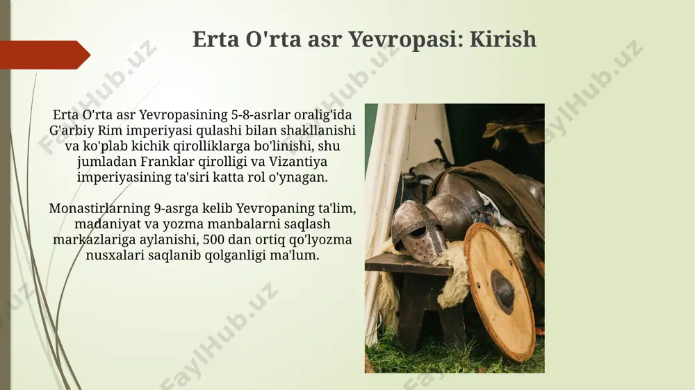a 300 dan ortiq monastir cherkovlari qurilgan boʻlib, ularning meʼmorchiligi rim uslubidan sezilarli darajada farq qilar edi. angliya hududida, 7-asrda, bir necha yuzta yogʻochdan yasalgan cherkovlar qurilgan boʻlib, ularning aksariyati keyinchalik toshdan qurilgan binolar bilan almashtirildi, bu esa mamlakatning oʻziga xos meʼmorchilik uslubini shakllantirishga yordam berdi. iqtisodiyot va qishloq xo'jaligi viii асрдан бошлаб карлинг империясида 100-200 га яқин аҳоли яшайдиган катта қишлоқлар пайдо бўлди, бу эса қишлоқ хўжалиги маҳсулотларининг ортишига ва товар-пул муносабатларининг ривожланишига олиб келди. византия империясида, масалан, константинопол каби йирик шаҳарларга 10 дан ортиқ қишлоқ хўжалиги маҳсулотлари етказиб берилган ва бу ерда интенсив боғдорчилик ва сабзавотчилик ривожланган эди. islomning ta'siri viii-ix asrlarda andalus (ispaniya)dagi musulmon hukmdorlari davrida rivojlangan qishloq xo'jaligi texnologiyalari, masalan, yangi sug'orish tizimlari, evropaning boshqa mintaqalariga ham tarqaldi. islom olamidan kelgan matematik va astronomiya bo'yicha 100 dan ortiq qo'lyozmalar karoling imperiyasining kutubxonalariga olib kelinib, o'rta asr evropasining ilmiy taraqqiyotiga sezilarli hissa qo'shdi. papalik va cherkovning roli …