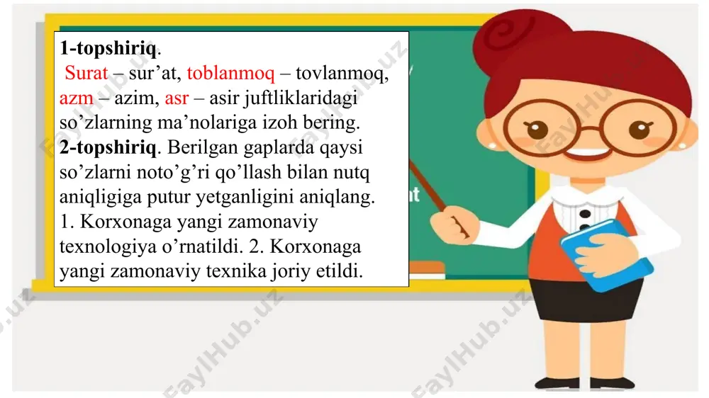 ishlatish hollari uchrab turadi. chopmoq fe’lining tub ma’nosi «qo’lni biror qurol bilan yoki qurolsiz ko’tarib urib, biror ishni amalga oshirmoq»dir. yer chopmoq deganda «ketmonni ko’tarib yerga urish», qilich chopmoq deganda «qilichni ko’tarib urish», go’sht chopmoq deganda «boltani ko’tarib urish», ot chopmoq deganda «qamchini ko’tarib urish» nazarda tutilgan. hozir shevalarda uchraydigan loy chapti, adabiy tildagi betga chopar degan iboralarda ham chopmoq fe’lining o’sha tub ma’nosi nazarda tutilgan. xulosa shuki, chopmoq qo’lga aloqador, yugurmoq – oyoqqa. 31-mashq. gaplarni o’qing. saboq va dars so’zlarining ma’nolaridagi farqni izohlashga harakat qiling, shu asosda yozma matn tuzing. anvarjon ukam, – dedim unga. – siz o’sishingiz kerak. toshkentda ustozlardan saboq olasiz, poytaxtdagi adabiy muhit, o’z tengi yosh yozuvchilar bilan bo’ladigan muloqotlar fikr doirangizni kengaytiradi. (said ahmad) 2. umidaning axloqi, o’zini tutishi, darslarni o’zlashtirishi universitet rahbariyatiga ma’qul edi. (said ahmad) 32-mashq. matnni o’qing. muhabbat tushunchasi ifodasiga daxldor so’zlarning rango-rangligiga diqqat qiling, ulardagi ma’no nozikliklarini namoyon qiluvchi gaplar tuzishga …