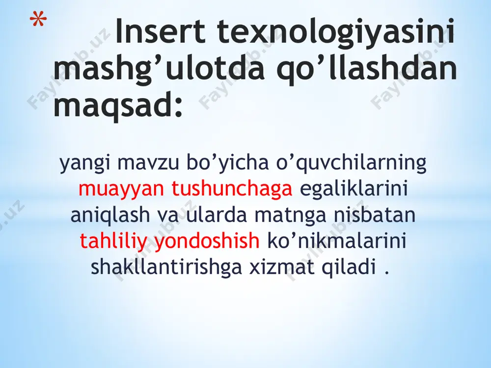 va hodisalar yig’indisiki, inson hatti harakatlariga javob bermaydi, anglamaydi. bunga tush ko’rish, alaxsirash, galliyutsinatsiya kabilar kiradi. matn 4 texnologiya tahsil oluvchilarda mantiqiy fikrlash, shaxsiy xatolar ustida ishlash ko’nikmalarini shakllantirishda yordam beradi insert-bu matn bilan ishlash jarayonida ta’lim oluvchilarga, shaxsan bilim olishni faol kuzatib borishni ta’minlaydigan vositadir. e’tiboringiz uchun rahmat ! image1.png