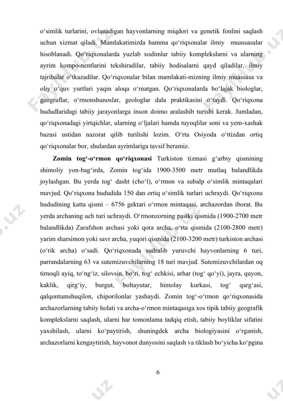 kiston tizmasi g‘arbiy qismining shimoliy yon-bag‘irda, zomin tog‘ida 1900-3500 metr mutlaq balandlikda joylashgan. bu yerda tog‘ dasht (cho‘l), o‘rmon va subalp o‘simlik mintaqalari mavjud. qo‘riqxona hududida 150 dan ortiq o‘simlik turlari uchraydi. qo‘riqxona hududining katta qismi – 6756 gektari o‘rmon mintaqasi, archazordan iborat. bu yerda archaning uch turi uchraydi. o‘rmonzorning pastki qismida (1900-2700 metr balandlikda) zarafshon archasi yoki qora archa, o‘rta qismida (2100-2800 metr) yarim sharsimon yoki savr archa, yuqori qismida (2100-3200 metr) turkiston archasi (o‘rik archa) o‘sadi. qo‘riqxonada sudralib yuruvchi hayvonlarning 6 turi, parrandalarning 63 va sutemizuvchilarning 18 turi mavjud. sutemizuvchilardan oq tirnoqli ayiq, to‘ng‘iz, silovsin, bo‘ri, tog‘ echkisi, arhar (tog‘ qo‘yi), jayra, quyon, kaklik, qirg‘iy, burgut, boltayutar, himolay kurkasi, tog‘ qarg‘asi, qalqontumshuqilon, chiporilonlar yashaydi. zomin tog‘-o‘rmon qo‘riqxonasida archazorlarning tabiiy holati va archa-o‘rmon mintaqasiga xos tipik tabiiy geografik komplekslarni saqlash, ularni har tomonlama tadqiq etish, tabiiy boyliklar sifatini yaxshilash, ularni ko‘paytirish, shuningdek archa biologiyasini o‘rganish, archazorlarni kengaytirish, hayvonot dunyosini …