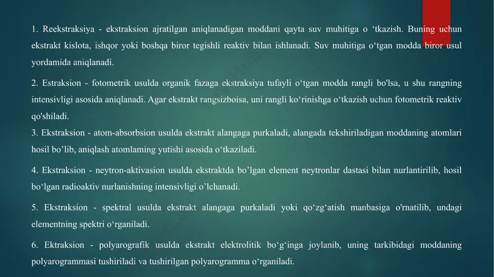 ometrik usulda organik fazaga ekstraksiya tufayli o ‘tgan modda rangli bo‘ lsa, u shu rangning intensivligi asosida aniqlanadi. agar ekstrakt rangsiz boisa, uni rangli ko‘rinishga o‘tkazish uchun fotometrik reaktiv qo'shiladi. 3. ekstraksion - atom-absorbsion usulda ekstrakt alangaga purkaladi, alangada tekshiriladigan moddaning atomlari hosil boiib, aniqlash atomlarning yutishi asosida o‘tkaziladi. 4. ekstraksion - neytron-aktivasion usulda ekstraktda boigan element neytronlar dastasi bilan nurlantirilib, hosil boigan radioaktiv nurlanishning intensivligi oichanadi. ekstraksion - spektral usulda ekstrakt alangaga purkaladi yoki qo‘zg‘atish manbasiga o‘matilib, undagi elementning spektri o‘rganiladi. 6. ektmksion - polyarografik usulda ekstrakt elektrolitik bo‘g‘inga joylanib, uning tarkibidagi moddaning polyarogrammasi tushiriladi va tushirilgan polyarogramma o‘rganiladi. ekstraksiyalanuvchi moddalar turli xil bo‘lib, ular o‘z kimyoviy tuzilishi, hosil bo‘lish, organik qavatga o‘tish mexanizmi bilan farqlanadi. ayrim ekstraksiyalanuvchi birikmalar oldin suvda hosil bo‘isa, ayrimlari ekstraksiya jarayonida vujudga keladi. suvda hosil bo‘ luvchilar gruppasiga kovalent bogianishli oddiy moddalar kiradi. ikkinchi tur birikmalarga xelatlar (bir necha halqali ichki kompleks birikmalar) misol …