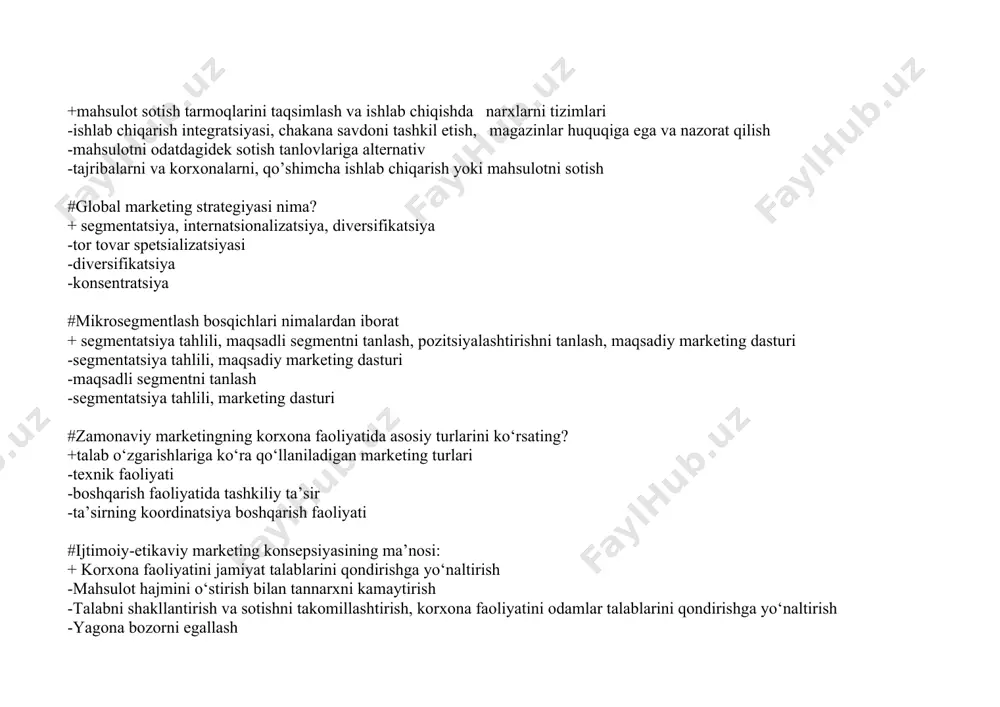 lar narxiga ko‘ra ishlab chiqarishni cheklaydi #marketing kompleksi o’z ichiga oladi: +faqat uning xoxishini instrumentlar yig’indisini (tovar, narx, sotish, siljitish) -korxonani boshqarish -tovarni sotish sharoitini tanlash va sotib olayotgan tovar narxini -daromadi hajmini #iste’molchi yutug’i nima? +barcha iste’molchilar tovarlarni sotib olishdan qo‘lga kiritgan jami yutuq -barcha iste’molchilar bozordagi barcha tovarlarni sotib olishi -barcha bozor subyektlari o‘z savdo yutuqlariga erishishi -barcha iste’molchi va sotuvchilar o‘rtasida tuzilgan oldi-sotdi shartnomasi #iste’molchilar daromadi qanday holatda ortadi? +iqtisodiy o‘sish davrida -oylik maoshi ko‘tarilganda -inflyatsiya davrida -tovarlar narxlari arzonlashganda #iste’molchilar daromadining ko‘payishi grafikda qanday o‘zgarish hosil qiladi? +budjet chizig‘i o‘ngga parallel siljiydi -budjet chizig‘ining og‘ish burchagi o‘zgaradi -budjet chizig‘i chapga parallel siljiydi -budjet chizig‘ining og‘ish burchagi qisqaradi #iste’molchilar tanlovi nazariyasida, iste’molchi nimani maksimallashtirishga harakat qiladi deb yuritiladi? +umumiy naflilikni -o‘rtacha naflilikni -umumiy va chekli naflilikning farqini -chekli naflilikni #iste’molchilarni o‘rganish uchun asosiy maqsad nima? + mahsulotni tanlashda iste’molchilardagi barcha omillar to‘g‘risida ahborot yig’ish -raqobatbardosh ustunlikka erishish …