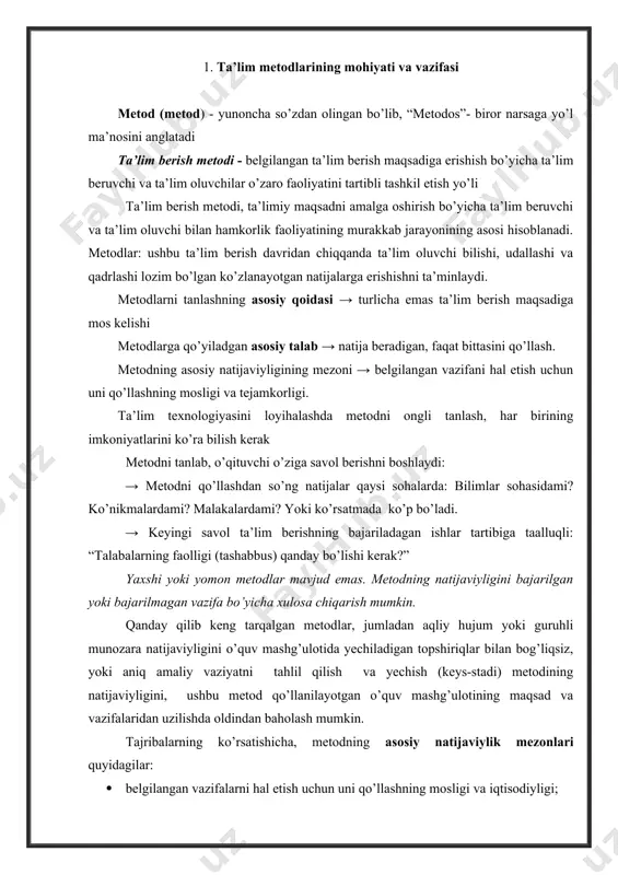igini, ushbu metod qo’llanilayotgan o’quv mashg’ulotining maqsad va vazifalaridan uzilishda oldindan baholash mumkin. tajribalarning ko’rsatishicha, metodning asosiy natijaviylik mezonlari quyidagilar: · belgilangan vazifalarni hal etish uchun uni qo’llashning mosligi va iqtisodiyligi; · uni qo’llashda soddallik va osonlik; · nafaqat eng yaxshi natijalarni ta’minlashi, balki ularga erishishning yuqori ishonchliligini ta’minlay olishi. faol ta’lim berish metodi - ta’lim oluvchilarning bilim faoliyatlarini rag’batlantiruvchi metoddir. u yoki boshqa muammoni yechish to’g’risidagi fikrlarni erkin almashinuvini nazarda tutuvchi suhbat asosida quriladi eng ko’p tarqalgan va xususiyatga ega bo’lgan ta’lim metodlari quyidagilar hisoblanadi: suhbat, bahs, o’yin, keys-stadi, loyihalar metodi, muammoli metod, aqliy hujum va boshqalar hisoblanadi interfaol (interactive) - suhbatli. interfaol ta’lim berish - suhbatli ta’lim berish, bunda ta’lim beruvchi va ta’lim oluvchi, ta’lim oluvchi va kompyuterning o’zaro harakati amalga oshiriladi interfaollik ta’lim berish sohasida umuman yangi hodisa, bunga binoan ta’lim beruvchi: · o’qituvchi, boshqa talabalar, ma’muriyat bilan faqat shaxsiy uchrashuv yo’li bilan emas, balki ta’lim jarayonining …
