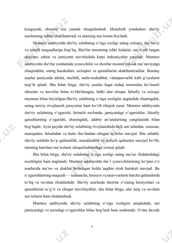 ‘liqdir. ayni paytda she'riy uslubning rivojlanishida turli san’atlardan, xususan, musiqadan, falsafadan va hatto ilm-fandan olingan ta’sirlar mavjud. shu sababli, she'riy uslubda ko‘p qatlamlilik, murakkablik va nufuzli qatlamlar mavjud bo‘lib, ularning barchasi ma’nolarni chuqurlashtirishga xizmat qiladi. shu bilan birga, she'riy uslubning o‘ziga xosligi uning ma’no ifodalashdagi nozikligini ham anglatadi. mumtoz adabiyotda she’r yozuvchilarining ko‘pini o‘z asarlarida ma’no va shaklni birlashgan holda taqdim etish harakati mavjud. bu o‘zgarishlarning maqsadi — tushuncha, hissiyot va tasavvurlarni barcha qatlamlarda to‘liq va ravshan ifodalashdir. she'riy asarlarda shoirlar o‘zining hissiyotlari va qarashlarini to‘g‘ri va chuqur tasvirlaydilar, shu bilan birga, ular aniq va ravshan ma’nolarni ham ifodalashadi. mumtoz adabiyotda she'riy uslubning o‘ziga xosligini aniqlashda, uni jamiyatdagi va tarixdagi o‘zgarishlar bilan bog‘lash ham muhimdir. o‘sha davrda yashagan adiblar, o‘z vaqtining o‘zgacha madaniyati, falsafasi, estetikasi va axloqiy qoidalari asosida she'riyatni shakllantirganlar. bu adabiyotning shakli va mazmunini doimo o‘zgartirib, rivojlantirib borish uchun imkoniyat yaratdi. mumtoz adabiyotdagi she'riy uslubning nozikligi va xilma-xilligi, …