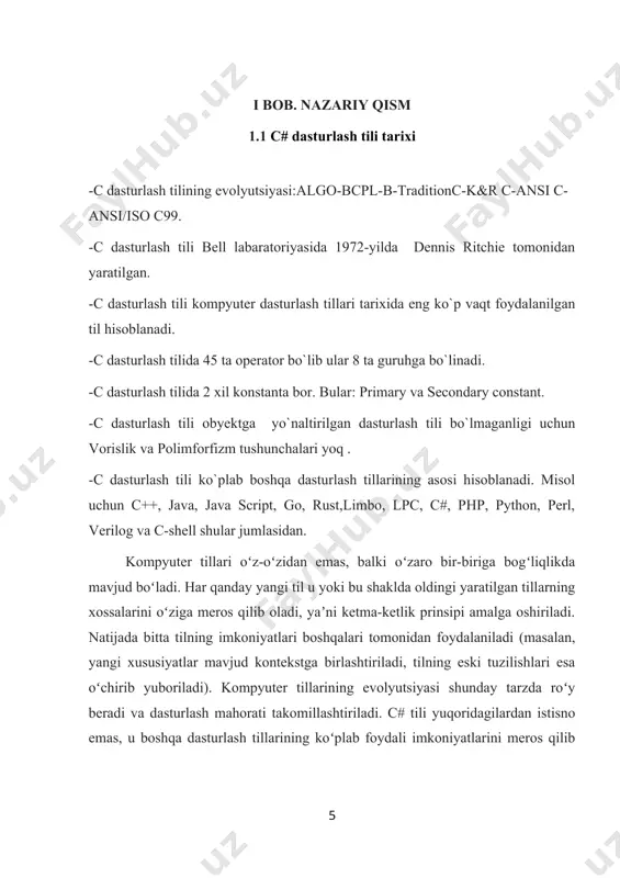 ga yo`naltirilgan dasturlash fanlarni o`z ichiga olganumumiy maqsadli, ko`p paradigmali dasturlash tili. u 1998-2001-yilda microsoft kompaniyasi dasturchilari anderson xeylsberg va skot.v lar tomonidan .net tashabbusi doirasida ishlab chiqilganva keyinchalik ecma (ecma-334) va iso (iso/ies23270:2018) tomonidan xalqaro standart sifatida tasdiqlangan.hozirgi kunda c# dasturlash tili yuqori bosqichli dasturlash tillari ichida eng samarali dasturlash tillaridan hisoblanadi. c# dasturlash tilida dastur tuzish uchun visual studio .net muhitidan foydalanamiz. c# dasturlash tili obektga mo’ljallangan dasturlash tili hisoblanadi. visual studio.net sistemasida dasturni kompilyatsiya qilish va bajarishning bir necha usuli bor. ko’p hollarda dasturchilar dasturni alohida kompilyatsiya qilib bir nechta klavishalar kombinatsiyalari orqali ishlatishga o’rganishgan. c# dsturiga kirish c# dasturini ishga turshirish uchun dastlab пуск menyusidan sharpdevelop5.1 ni ochamiz. dastur ochilganda quyidagi oyna hosil bo’ladi. bu oynadan biz new solution tugmasini bosamiz va quyidagi oy ekrangan chiqadi. bunda biz dasturga nom beramiz va creat tugmasini bosib dasturni ishga tushiramiz. c# da birinchi dastur using system; namespace birinchi_dastur …