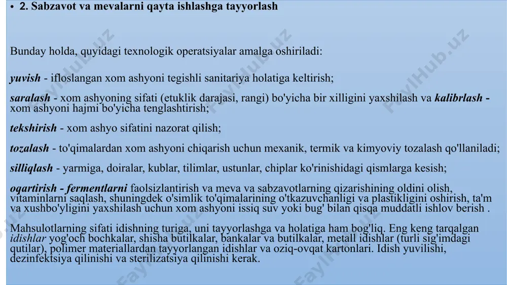 0-120 ° c ) va bosim ostida sterilizatsiya qilish xavfli kasallikning qo'zg'atuvchisini - botulizmni yo'q qilish uchun zarurdir . botulizmni keltirib chiqaradigan bakteriyalar anaerob sharoitda (germetik yopiq idishlarda) faol rivojlanadi va faqat yuqori harorat ta'sirida ularning yo'q qilinishiga yordam beradi. pomidor mahsulotlari . pomidor sharbatida 5% gacha qattiq moddalar mavjud. u qizdirilgan pulpani (maydalangan pomidor massasini) presslarda (vintli ekstraktorlar) siqish orqali olinadi. keyin sharbat idishga solinadi va 100 o s haroratda sterillanadi . siz sterillangan bankalarda sharbatni issiq shishaga solishingiz mumkin. pomidor pyuresi tarkibida 12 dan 20% gacha quruq moddalar mavjud. uni tayyorlash uchun pomidor massasi maydalagichlarda ishqalanadi va atmosfera bosimida bug 'evaparatorlarida qaynatiladi. tomat pastasi (30-50% quruq modda) vakuum apparatida 0,12-0,14 atm bosim ostida qaynatiladi. qaynash nuqtasida 45-50 ° s , bu pomidor massasining yonishi, rangi, ta'mi o'zgarishi, vitaminlar yo'qolishi va umuman, tayyor mahsulot sifatining yomonlashishiga yo'l qo'ymaydi . o'ziga xos ta'm va hid berish uchun pomidor soslariga (ketchuplar) …