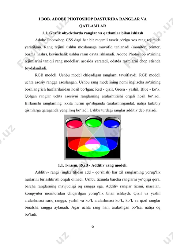 taqlid qilish mumkin. 1.1. 2-rasm. rgb modeli uch o‘lchovli koordinatalar tizimi sifatida taqdim etilgan. har qanday koordinata har bir tarkibiy qismning noldan maksimal qiymatgacha bo‘lgan rangdagi hissasini aks ettiradi. olingan kubning ichida barcha ranglar "joylashgan" bo‘lib, ushbu modelning rang maydonini hosil qiladi (32-rasm). 1.1. 3-rasm. rgb modelining grafik ko‘rinishi. ushbu modelning maxsus nuqtalari va chiziqlariga e’tibor berish muhimdir. koordinatalarning kelib chiqishi: bu vaqtda barcha tarkibiy qismlar nolga teng, radiatsiya yo‘q (qora rang). ko‘ruvchiga eng yaqin bo‘lgan nuqta: bu vaqtda barcha tarkibiy qismlar maksimal qiymatga ega (oq). ushbu nuqtalarni bog‘laydigan chiziqda (diagonal) kulrang soyalar mavjud: qora rangdan oqgacha (kulrang shkala, odatda 256 gratsiy). buning sababi, barcha uchta tarkibiy qismlar bir xil va noldan maksimal qiymatgacha bo‘lgan masofada joylashgan. kubning uch uchi toza asl ranglarni beradi, qolgan uchtasi asl ranglarning qo‘shaloq aralashmalarini aks ettiradi. ushbu modeldagi ranglar va parametrlarni цвет va информация palitra-larida ko‘rishingiz va belgilashingiz mumkin. rgb modelida skaner tasvirni kodlaydi, …