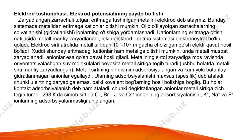neyka uchidan harakatlanuvchi kontakt holatigacha bo’lgan kesma o’lchanadi. zanjirning e.yu.k.i quyidagi formula bo’yicha topiladi: zanjir a, mm a1, mm tajribada topilgan ex; v hisoblangan ex; v xatolik % 1. 500 540 eₓ=1.0183*540/500=1.100 1.100 0.00 2. 500 525 eₓ=1.0183*525/500=1.069 1.069 ≈2.8 tajriba natijalari:tajriba natijalari jadvalga kiritilgan. har ikkala zanjirda, ya'ni 0.1 n va 0.01 n konsentratsiyali eritmalarda e.yu.k. o‘lchandi. natijalar shunday bo‘ldi: 0.1 n konsentratsiya bilan o‘lchangan zanjirda e.yu.k. qiymati 1.10 v ga teng bo‘ldi. bu hisoblangan nazariy qiymatga to‘liq mos keladi, chunki normal elektrod potensiallari farqi quyidagicha hisoblangan edi: 0.01 n konsentratsiya bilan o‘lchangan zanjirda e.yu.k. qiymati 1.069 v bo‘ldi, bu esa bir oz farq bilan (≈2.8%) nazariy qiymatdan kichikroq bo‘ldi. bu farq konsentratsiya kamayganida ionlar faoliyatining pasayishiga va shu bilan birga ionlararo kuchlarning kamayishiga bog‘liq. xulosa: galvanik elementning elektr yurituvchi kuchi (e.yu.k.) kompensatsion metod yordamida muvaffaqiyatli o‘lchandi. natijalar nazariy hisoblashlar bilan mos keladi. konsentratsiya ta'siri kuzatildi: yuqori konsentratsiyada e.yu.k. …