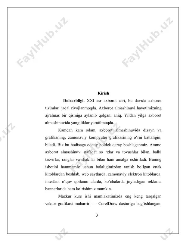ter grafikasiga bo`lgan qiziqishini oshirishga, dasturlash muhitida ishlash va mustaqil dastur tuzishga, mamlakatimizning turli sohalari uchun ilovalar yaratishga, zamonaviy axborot texnologiyalari vositalaridan foydalanish ko`nikmalarini shakllantirishga va ularning amaliy ishlarida yangi qirralarning ochilishiga zamin hozirlaydi. kurs ishi maqsadi: kompyuter grafikasi evolutsiyasi va tasnifi mavzusini o’rganish. kurs ishi vazifalari: kompyuter grafikasi haqida tushuncha; coreldraw grafik dasturi haqida tushuncha; coreldraw grafik dasturi interfeysi; coreldraw grafik dasturida web dizayn yaratish rejalari asosida mavzuni to’liq yoritib berish. i bob. kompyuter grafikasi va coreldraw dasturi haqida tushuncha 1.1 kompyuter grafikasi haqida tushuncha zamonaviy kompyuter texnologiyasida kompyuter grafikasi bilan ishlash eng ommabop yo`nalishlardan biri bo`lib bormoqda. hozirda bu yo`nalish bilan hatto professional rassom va dzaynerlar ham shug`ullanmoqda. kompyuter grafikasi - kompyuterdan foydalanish jarayonidagi eng mashhur yo`nalishlardan biri. kompyuter grafikasisiz har qanday zamonaviy multimediya dasturi ish yurita olmaydi. redaksiya va nashriyotlarda ko`pgina tasvir va bezak ishlari grafika dasturlari orqali amalaga oshiriladi. internetning rivojlanishi bilan esa grafik dasturlar keng …