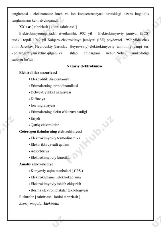 oviy jarayonlarning borishini ta'minlaydi (masalan, sanoat elektrolizatorida ). eritilgan natriy xloridning elektrolizi korroziyadan va korroziyadan himoya qilish. korroziya korroziya - bu odatda elektrokimyoviy jarayonlar natijasida yuzaga keladigan metallarning zang bilan yo'q qilinishini anglatuvchi atama . ko'pchilik to'q sariq-jigarrang yoki qora-jigarrang zang shaklida temir korroziyasini yaxshi bilishadi. korroziya har yili eritilgan qora metallarning taxminan 10 foizini yo'q qiladi. boshqa misollar - kumushda qora dog'lar paydo bo'lishi yoki misni ko'kalamzorlashtirish . korroziya natijasida shikastlangan metall buyumlarni almashtirish narxi yiliga milliard aqsh dollarini tashkil etadi. temir va qora metallarning korroziyasi suvsiz eritmalar elektrokimyosi suvli eritmalardagi tadqiqotlar erituvchi sifatida suvning elektrokimyoviy barqarorligi bilan cheklanadi. eritilgan muhitlarning elektrolizi har doim ham qabul qilinishi mumkin emas, chunki evtektik eritmalar, shu jumladan oddiy va murakkab tuz tizimlari juda yuqori erish nuqtasiga ega. organik erituvchilarda, suyuq oltingugurt dioksidida va hokazolarda suvsiz eritmalar juda ko'p energiya talab qiladigan yoki suvda yoki eritmalarda umuman imkonsiz bo'lgan ko'plab jarayonlarga imkon beradi. …