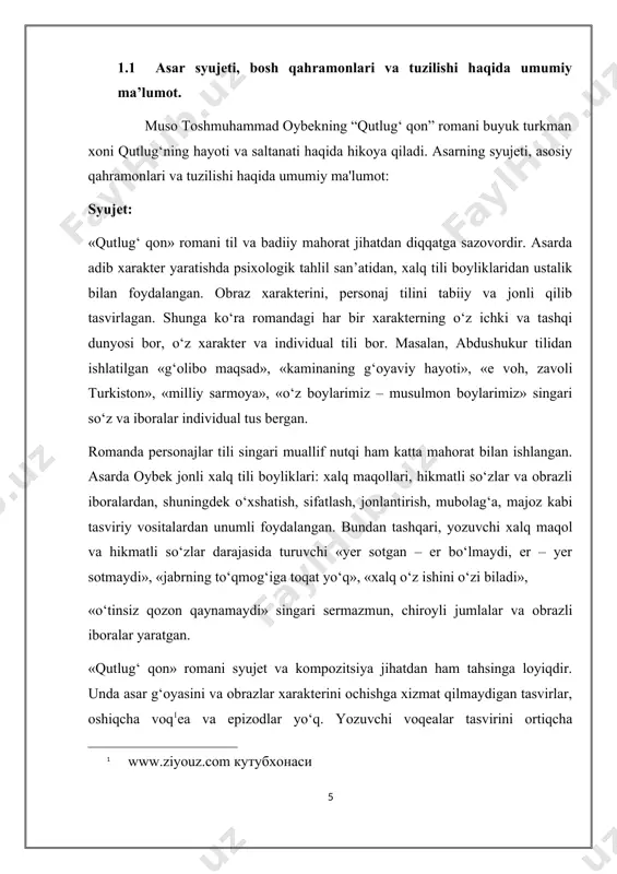 t obrazini yaratishda yozuvchiga yordamga keladi. asarning tili va uslubi, xarakterlar ruhiyatini belgilashda oybek abdulla qodiriy izidan emas, ko‘proq yozuvchi cho‘lpon orqasidan borgan ko‘rinadi. yozuvchining tasvir uslubida ritm muhim rol o‘ynaydi. oybek, cho‘lponning «kecha va kunduz» romanida bo‘lgani kabi, asar muqaddimasi (ekspozitsiyasi) ga katta o‘rin ajratadi; voqealar g‘oyat sust rivojlanib boradi. ammo qahramonlar obrazi yorqinlashib, kurash maydoni bir qadar yorishgach, harakat keskin rivojlanib ketadi. bunday o‘rinlarda tasviriy tafsillar ham, peyzaj ham qahramonlarning nutqlari ham nihoyatda qisqaradi. kitobxon asarni o‘qir ekan, oybekning iste’dodlik yozuvchi, xassos shoir ekanligini aslo unutmaydi. xulosa qilib aytganda, oybekning «qutlug‘ qon» romani xarakterlari ruhiyatidagi kechinmalar, tuyg‘ular asar badiiy pafosini ochib berishga ximat etgan. asar bugungi adabiyotshunoslikda yetakchi tahlil yo‘nalishlaridan bo‘lgan ruhiy tahlil uchun manba bo‘lib xizmat eta olishi, undagi xarakterlar ruhiyatini ochib beruvchi badiiy-psixologik detallar talqinidan yaqqol ko‘zga tashlanadi. bosh qahramonlar: · yoʻlchi–bosh qahramon, mirzakarimboyning jiyani, gulnorning sevgilisi. asar nomidagi „qutlugʻ qon“ yoʻlchining qoni · gulnor-yoʻlchining sevgilisi,mirzakarimboy …
