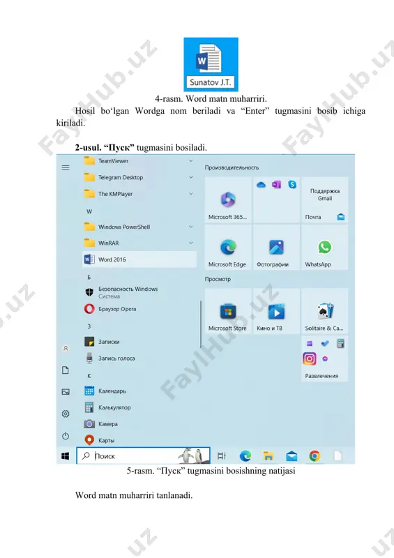 - ekranda ochiq bo‘lgan hujjatni bosmaga chiqarish 6. ctrl + z yoki alt + backspace - oxirgi bajarilgan amalni bekor qilish (orqaga qaytish) 7. ctrl + y yoki f4 yoki alt + enter - bekor qilingan harakatni qaytarish (oldinga qaytarish) 8. ctrl + x yoki shift +delete-tanlab olingan matn qismi nusxasini xotiraga ko‘chirib (qirqib) olish. 9. ctrl + c yoki ctrl + insert yoki ctrl + num0 - tanlab olingan matn qismi nusxasini xotiraga olish 10. ctrl + v yoki shift + insert yoki shift+num0 - xotirada joylashgan matn qismini chiqarib kursor turgan joyiga qo‘uyish 11. ctrl + a yoki ctrl + num5 - butun matnni tanlash 12. ctrl + f - butun matnda biror bir so‘z yoki jumlani izlash 13. ctrl + h - butun matnda biror bir so‘z yoki jumlani topib uning o‘rniga boshqa so‘z yoki jumla bilan almashtirish 14. delete - tanlab olingan matn qismi yoki kursordan …
