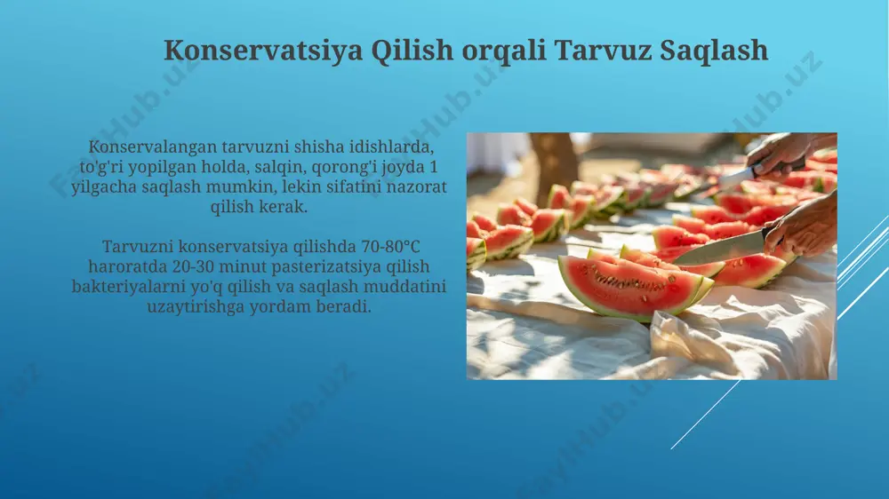 i. farg'ona vodiysida, yuqori namlik va unumdor tuproq tufayli, shirinlik darajasi yuqori bo'lgan, 120-150 kun pishuvchi tarvuz navlarining hosildorligi yuqori. eng ko'p tarqalgan tarvuz navlari фарғона водийсида етиштириладиган "sugar baby" миники 2-3 кг атрофида бўлиб, тезда пишади ва майда ўлчамли, лекин юқори қандлиликка эга бўлади. хоразм вилоятидаги "lukan" тури 25-30 кун давомида сақланиши билан ажралиб туради ва 1 гектардан ўртача 50 тонна ҳосил беради. e'tiboringiz uchun rahmat @taqdimot_robot image1.jpg image2.jpg image3.jpg image4.jpg image5.jpg image6.jpg image7.jpg image8.jpg image9.jpg image10.jpg image11.jpg image12.jpg