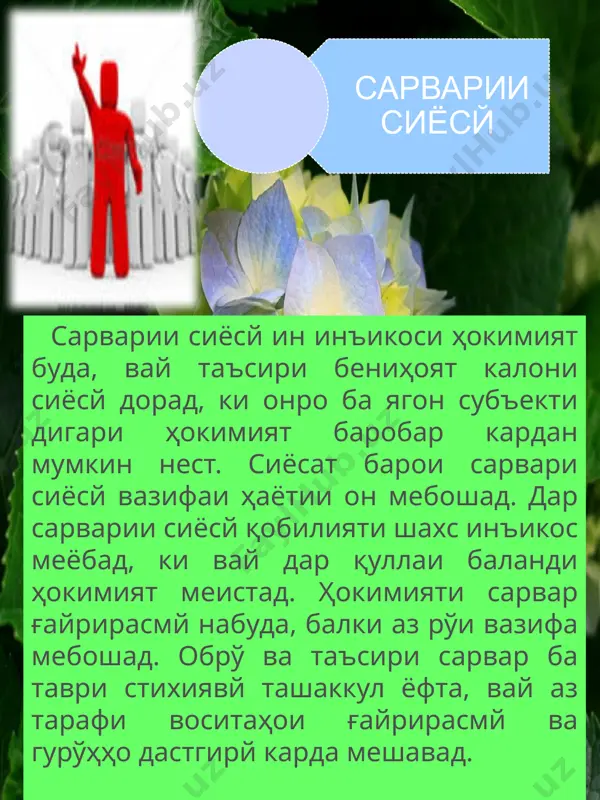 аз муҳаққиқон оиди сарварй ақидаҳои худро баён намудаанд, ки яке аз онҳо н. макиавелли мебошад. фаҳмиши волюнтаристии сарвариро т. карлейль ва р. эмерсон инкишоф додаанд. оиди ин масъала м. вебер, з. фрейд, г. лассуэлл, ф. энгельс, г. плехановва в. и. ленин фикрҳои љолибро баён намудаанд. барои сарвар аз он чиҳат муҳим аст, ки дар атрофии сарвар гурўҳҳо, табақаҳои ичтимой, миллатҳо муттаҳид мешаванд. сарвари сиёсй вазифадор аст манфиатҳои ҳамаи онҳоро ба назар гирад. ин функсия аз тарафи сарвар дар самте истифода мешавад, кивазъиятро ҳаматарафа омўхта, масъалаҳои муҳимро муайян намуда, дар қатори он камбудиҳоро низ ошкор менамояд ва барои бртараф намудани онҳо фаъолияташро равона месозад. функсияи диагностикй бо функсияи директивй сахт алоқаманд аст. функсияи директивй функсияи сафарбарнамой функсияҳои сарвари сиёсй функсияи диагностикй (ташхисй). дар худ амлиёти муайяни фаъолияти сарварро фаро мегирад. сарвар барои ҳалли масъалаҳо оммаро сафарбар менамояд ва кўшиш ба харљ медиҳад, ки масъалаҳои ба миёномадаро дар сатҳи баланд ҳал намояд. …