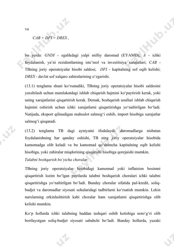 htirish kabi choralar ham xarajatlarni qisqartirishga olib kelishi mumkin. ko‘p hollarda ichki talabning haddan tashqari oshib ketishiga noto‘g‘ri olib borilayotgan soliq-budjet siyosati sababchi bo‘ladi. bunday hollarda, yuzaki qaraganda, davlat xarajatlarini qisqartirish va davlat daromadlarini ko‘paytirish lozimdek ko‘rinishi mumkin. ammo, davlat sektorining umumiy balansini ifodalovchi oddiy ko‘rsatkichlar soliq-budjet siyosatining talabga ta’sirini yyetarli tarzda baholay olmasligi mumkin. хususan, dasturni amalga oshirish natijalariga baho berish uchun umumiy balans qanday manbalar hisobiga moliyalashtirilayotganligi muhim. ichki xarajatlarni, shuningdek pul agregatlarining o‘sish sur’atlarini chegaralash, masalan, хususiy yoki davlat sektoriga berilayotgan kredit hajmini o‘zgartirish hisobiga ushlab turish mumkin. pul-kredit va soliq-budjet siyosatlari bank tizimi davlat sektorini sof moliyalashiga (ijobiy yoki salbiy) ko‘ra o‘zaro bog‘langan bo‘ladi. masalan, davlat sektorining kamomadi qisqarsa, bankdan ssudalar olish zaruriyati ham kamayadi (yoki ushbu kamomadni nobank ssudalari orqali moliyalash ortadi). natija esa - pul agregatlari o‘sish sur’atlarining pasayishi bo‘ladi. xarajatlar хarakterini o‘zgartirish chora-tadbirlari. iste’molni qisqartirishga qaratilgan ko‘pgina dasturlardagi choralar xarajatlar хarakterini o‘zgartirishga qaratilgan …