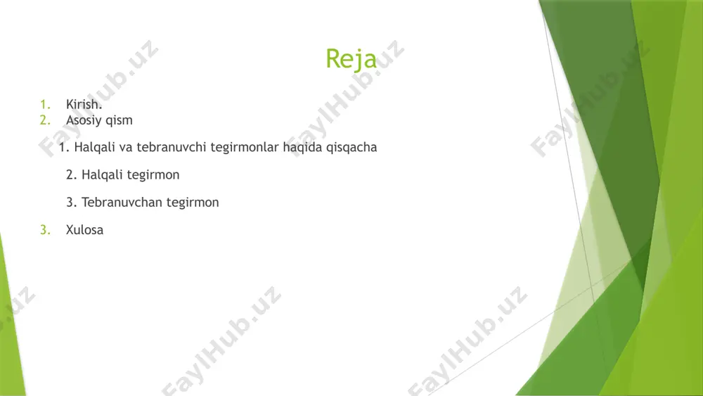 donalar tegirmon kamerasini tubiga tushib yig’gich orqali olinib aylanayotgan vals yoki shar yo’liga tashlanib yuboriladi. kukunlangan material maxsus kameraga tushib havo oqimi orqali tegirmon ustiga purkab chiqarilib yuboriladi va separator bilan kameraga yig’iladi. yirik donalari esa qayta tegirmonga tushiladi. mayatnikli tegirmon samaradorligi soatiga 20 tonnagacha borishi mumkin. bu tegirmonlar mayatniklardan farqi shundaki unda valslar gorizontal tarelkasimon diskda aynaladi. ularni prujinalar bosib turadi. aylanayotgan vals va tarelka tezligi har-xilligi hisobiga nafaqat siqilish balki ishqalanish ham foyda beradi. vals-prujinali tegirmon markazdan-qochma sharli tegirmon kukunlash mexanizmi sharlardan iborat. ular 2 ta halqalar orasiga siqilgan bo’ladi. harakat pastki halqadan boshlanadi va tepadagi prujinalar bosimi orqali pastki halqaga uzatiladi. prujinalar bosimini tog’irlash mumkinligi hisobiga, sharlar yedirilishi bir-tekis taqsimlangan holda bo’ladi. pastgi halqa likopchasimon asosga qotirilgan. u esa konussimon havo separatorga qotirilgan bo’ladi. ta’minlagichga tushgan material qism qism bo’lib, likopcha va sharlar orasidagi kameraga tushadi va sharlarni markazdan qochma harakatinatijasida orasiga kirib, maydalanib siqib chiqariladi. 1- …