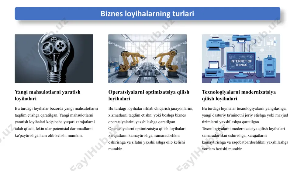 matlashtirish, masalan, robotlar va avtomatlashtirilgan tizimlar yordamida samaradorlikni oshirish va xarajatlarni kamaytirish mumkin. ma'lumotlar tahlilini takomillashtirish katta ma'lumotlar tahlilini amalga oshirish va biznesning o'sishini prognozlash uchun yangi dasturiy ta'minot va texnologiyalarni joriy qilish. onlayn platforma va xizmatlarni rivojlantirish mijozlar bilan o'zaro munosabatlarni yaxshilash va yangi daromad oqimlarini yaratish uchun veb-sayt, mobil ilovalar va boshqa onlayn xizmatlarni yaratish yoki takomillashtirish. 5 texnologiyalarni modernizatsiya qilish loyihalari 1 boshqarish tizimlarini yaxshilash loyihalari, masalan, avtomatlashtirish, ish samaradorligini oshirishga, xarajatlarni kamaytirishga va xatolarni kamaytirishga qaratilgan bo'lishi mumkin. 2 boshqarish tizimlarini yaxshilash loyihalari, masalan, tahlil qilish vositalarini qo'llash, ma'lumotlarni chuqurroq tushunishga, tendentsiyalarni aniqlashga va ma'lumotga asoslangan qarorlar qabul qilishga yordam beradi. 3 boshqarish tizimlarini yaxshilash loyihalari, masalan, xodimlarni o'qitish, ularning ko'nikmalarini va bilimlarini oshirishga va tizimlardan samarali foydalanishga yordam beradi. 6 ma'lumotlarni tahlil qilishni yaxshilash xodimlarni o'qitish va rivojlantirish boshqarish tizimlarini yaxshilash loyihalari jarayonlarni avtomatlashtirish tashkilot tuzilmasini qayta ko'rib chiqish, yangi bo'limlar yoki lavozimlarni yaratish. ish …