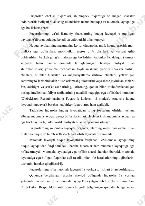 ular to`la muomala layoqatiga ega hisoblanadilar. bundan tashqari fuqarolik qonunchiligi bo`yicha fuqarolar 18 yoshga yetmasdan avval ham to`la muomala layoqatiga ega deb hisoblanishi mumkin. o`zbekiston respublikasi fuqarolik kodeksyning 28-modsasida belgilanganidek, o`n olti yoshga to`lgan voyaga yetmagan shaxs mexnat shartnomasi, shu jumladan kontrakt bo`yicha ishlayotgan bo`lsa yoki ota-onasi, farzandlikka oluvchilari yoxud homiysining roziligiga binoan tadbirkorlik faoliyati bilan shug`ullanayotgan bo`lsa, u to`la muomalaga layoqatli deb e`lon qilinishi mumkin. voyaga yetmagan shaxsni to`la muomalaga layoqatli deb e`lon qilish ota-onaning, farzandlikka oluvchining yoki homiyning roziligi bilan vasiylik va homiylik organining qaroriga muvofiq yoxud bunday rozilik bo`lmagan taqsirda, sudning qarori bilan amalga oshiriladi. ota-ona farzandlikka oluvchilar va homiy emakskpatsiya qshshngan voyaga yetmaganning majburiyatlari bo`yicha, xususan u yetkachgan zarar oqibatida kelib chiqqan majburiyatlar bo`yicha javobgar bo`lmaydilar. ьa`zan tadbirkorlik munosabatida ishtirok etishi lozim b)`lgan ayrim fuqarolar, garchi to`la muomala layoqati yoshiga yepan bo`lsalar ham, aqliy yoki ruhiy kasalligi sababli sud yumoiidan muomalaga layoqatsiz deb topiladi. sud tomonidan …