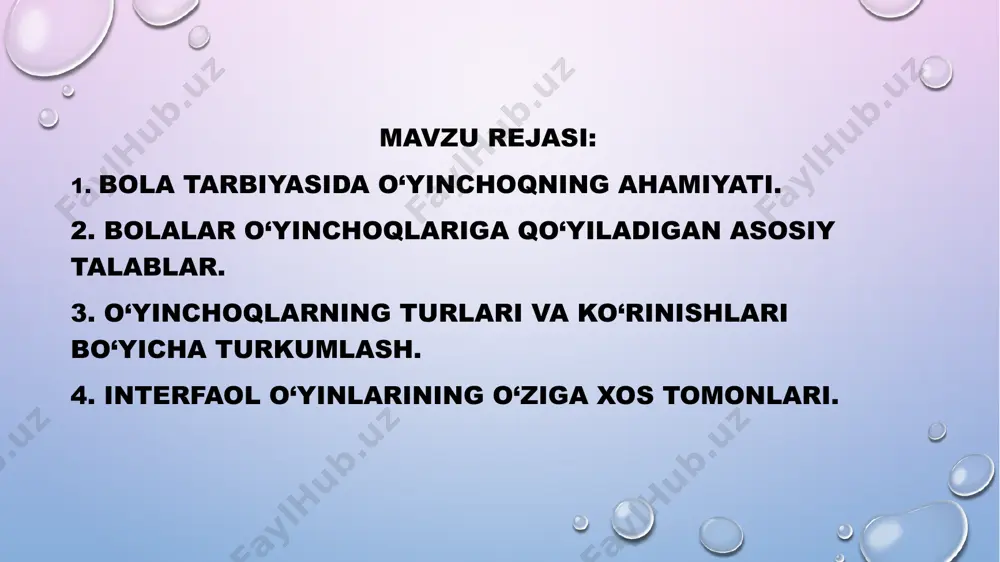 hakl, bo'yoq va bezaklarning har tomonlama uyg'unlashuvi, bir-birini rang va shakl jihatdan to'ldirib, ta'kidlab, o'yinchoqning badiiy ifodaliligini oshiradi. o'yinchoqlarning tuzilishi va bezalishi bolalarning turli yosh bosqichlarida idrok etish xususiyatlariga to'la mos kelmog'i lozim. badiiy talablar. 3. o'yinchoq bolani quvontiradi, atrofdagilarga nisbatan ijobiy munosabat hosil qiladi, birgalikda o'ynash tuyg'usini uyg'otadi va ijobiy his-tuyg'ularni tarkib toptiradi. axloqiy histuyg'ularni shakllantirishda qo'g'irchoq muhim ahamiyatga ega. milliy qo'g'irchoq bolalarni boshqa millatga mansub bo'lgan tengdoshlariga bo'lgan ijobiy munosabatini tarbiyalash manbalaridan hisoblanadi. san'atning birinchi yorqin obrazli va eng tushunarli buyumi bo'lgan o'yinchoq estetik hislar va kechinmalarni uyg'otadi, estetik tarbiyani to'plashga yordam beradi va badiiy didni shakllantiradi. shu o'rinda bolalarga yaqin va tushunarli bo'lgan xalq o'yinchoqlarimng ahamiyatini alohida ta'kidlash lozim. o‘yinchoqlarning turlari va ko‘rinishlari bo‘yicha turkumlash sport va harakatli o‘yinchoqlar uchun mo‘ljallangan konstruktorlik o‘yinchoqlar ohang chiqruvchi musiqaviy o‘yinchoqlar teatr va dekarativ oyinchoqlar syujetli obrazli o‘yinchoqlar yasama o‘yinchoqlar va o‘yin materiyallari, turli-tuman o‘yin jihozlar o‘yinchoq ermaklar texnik o‘yinchoqlar qurish-yasash, …