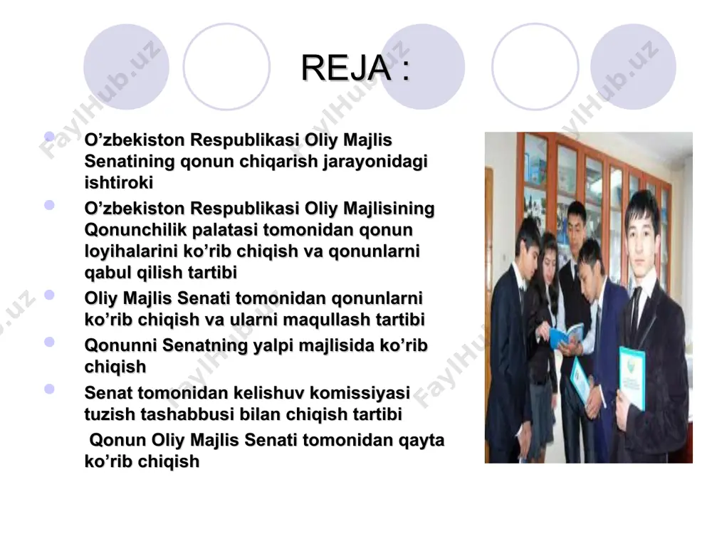 tlari o’zbekistondagi siyosiy partiyalardan ko`rsatilgan nomzodlar va mustaqil nomzodlar orasidan 120 ta saylov okrugida fuqarolar tomonidan bevosita saylanadi ayni bir vaqtda fuqarolarning senatorlar saylovidagi ishtiroki bilvosita tarzda mahalliy vakillik hokimiyati organlari (qoraqalpolg`izton respublikasi jug`org`i kengesi, xalq deputatlari viloyat, tuman va shahar kengashlari) deputatlari tomonidan saylash orqali amalga oshiriladi. shuni ta’kidlash joizki, parlamentning quyi palatasiga 120 nafar deputatni saylash saylov okruglari bo’yicha ko’p partiyaviylik asosida, mahalliy vakillik organlari deputatlari saylovi bilan bir vaqtda o’tadi. mahalliy vakillik organlarining yangi saylangan deputatlari saylanganlaridan so’ng ayni o’z tarkiblaridan bir oy ichida yashirin ovoz berish yo’li bilan oliy majlis senatorlarini (qoraqalpolg`izton respublikasi, har bir viloyat va toshkent shahridan olti kishidan) saylaydilar. bu senat hududiy vakillik organi ekanligi hamda saylovni o’tkazish xususiyati va o’ziga hostomonlari qonun chiqaruvchi oliy organning yuqori palatasiga vakillarini ko’rsatgan mintaqalar bilan chambarchas bog’liq ekanligi taqozosidir. o’zbekiston respublikasi oliy majlisining senatining faoliayatini konstitutsiyaviy-huquqiy jihatdan ta’minlash mamlakatning asosiy qonuniga-1992 yil 8 dekabrda qabul qilingan …