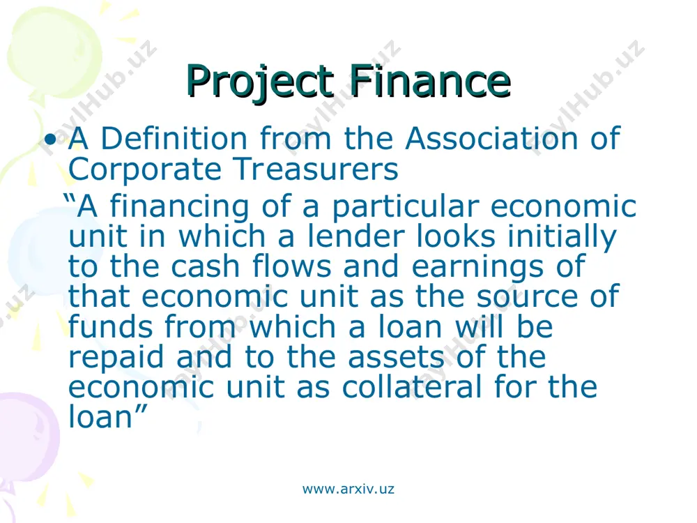 the production of competitive products and related primarily the extraction and processing of minerals. www.arxiv.uz www.arxiv.uz www.arxiv.uz project financing with full recourse to the borrower is widespread in the world. this form of preference because rather quickly possible to obtain the necessary funds to finance the project. it is characterized by the lowest cost of funds compared to the others. financing with complete recovery of the creditor to the borrower can be used in the following cases: • providing funding for projects with federal or regional importance, nonprofit infrastructure projects; • the provision of funds in the form of export credit, • lack of reliability of guarantees issued for the project, although they cover all project risks; • provision of funds for small projects that are sensitive to even slight increase in investment costs. www.arxiv.uz project finance with limited recourse to the borrower involves an assessment of all the risks …
