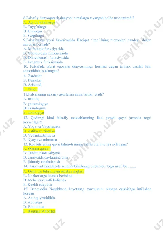 giya e. ontologiya 12. qadimgi hind falsafiy maktablarining ikki guruhi qaysi javobda to�g�ri ko�rsatilgan? a. yoga va vaysheshka b. astika va nastika d. vedanta,sankxya e. nyaya va mimansa 13. konfutsiyning qaysi ta�limoti uning muhim ta�limotiga aylangan? a. osmon qonuni b. tabiat �inson oshyoni d. jamiyatda davlatning urni e. ijtimoiy tabakalanish 14. tasavvuf falsafasida allohni bilishning birdan-bir to�g�ri usuli bu ........ a. o�zini o�zi bilish, ya�ni o�zlikni anglash b. nochorlarga ko�mak berishda d. mehr muruvatli bo�lishda e. kuchli e�tiqodda 15. bahouddin naqshband hayotning mazmunini nimaga erishishga intilishda ko�rgan a. axloqi yetuklikka b. adolatga d. erkinlikka e. haqiqat (alloh)ga 16. turkistonda ijtimoiy � falsafiy fikrlar xix � xx asrlarda qaysi harakat asosida shakllandi? a. jadidchilik b. milliy ozodlik d. mustamlakachilik e. erkin fikrlilik 17. materialistlar deb qaysi toifidagi kishilarga aytish mumkin? a. olamning asosida hamma vaqt ong va materiya yotadi deb ta�kidlovchilar b. ongni birinchi o�ringa quyuvchilar d. olamning markaziga g�oyalarni quyuvchilar …