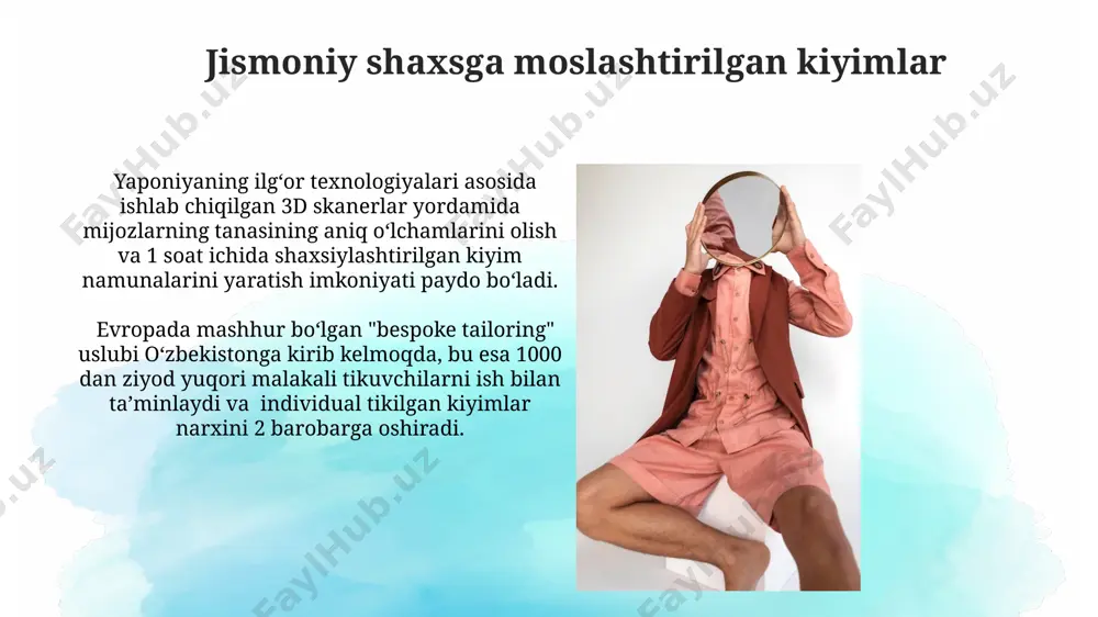 i. 2025-yilda toshkentda erkaklar kiyimlarida 30% ga yaqin tabiiy matolardan, masalan, zigʻir va paxtadan tikilgan kiyimlarning ustunligi kuzatiladi, bu ekologik toza moda yo'nalishiga mos keladi. yengil va qulay kiyimlar global miqyosda, 2025-yilga kelib, "slow fashion" tendentsiyasi tufayli, yengil va qulay, ammo sifatli va chidamli matolardan tikilgan erkaklar kiyimlariga, xususan, yaponiya va skandinaviya mamlakatlarida talab 2 baravar ortadi. o'zbekiston kabi issiq iqlimli mamlakatlarda 2025-yilda yengil va qulay kiyimlar, masalan, linen kostyumlar va bo'shashgan kesimli futbolkalar, 15-20 yoshdagi yigitlar orasida 45% ga ommalashadi. e'tiboringiz uchun rahmat @taqdimot_robot image2.jpg image3.jpg image4.jpg image5.jpg image6.jpg image7.jpg image8.jpg image9.jpg image10.jpg image11.jpg image12.jpg image13.jpg image14.jpg image15.jpg image16.jpg image1.png