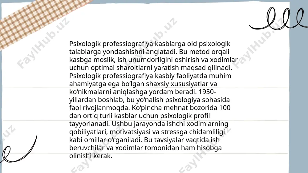 ylab 7 milliondan ortiq kishi raqamli kompetensiyalari bo‘yicha malaka yuklagan. o'zbekistonda 2023 yilgacha raqamli kompetensiyalarni rivojlantirish uchun 300 dan ortiq o'quv dasturi kiritilishi rejalashtirilmoqda. shuningdek, professional kompetentsiyalarni rivojlantirish loyihalari doirasida mahalliy va xorijiy ekspertlar jalb etilgan. ... t.me/slaydai_bot psixologik diagnostika usullari turli xil uslub va texnikalarni o'z ichiga oladi. eng keng tarqalgan usullardan biri - testlar yordamida diagnostika o'tkazish. mashhur testlar qatoriga mmpi (minnesota multiphasic personality inventory) va rorschach sinovi kiradi. boshqa usullar orasida intervyular, kuzatish va klinik baholash mavjud. testlar orqali shaxsning kognitiv qobiliyatlari, hissiy holati va xulq-atvori baholanadi. psixologik diagnostikada matematik va statistik usullar ham qo'llaniladi, bu esa natijalarni aniqlashda yordam beradi. ushbu usullar mutaxassislar tomonidan yuqori aniqlik bilan qo'llanilganida, psixik holat va muammolar to'g'risida chuqur ma'lumot olish imkonini beradi. ... t.me/slaydai_bot kasbiy stress ishda ruhiy va jismoniy zo'riqish natijasida yuzaga keladi. statistik ma'lumotlarga ko'ra, har uch xodimdan biri kasbiy stressdan aziyat chekadi. stress sabablarining asosiylari orasida yuqori …