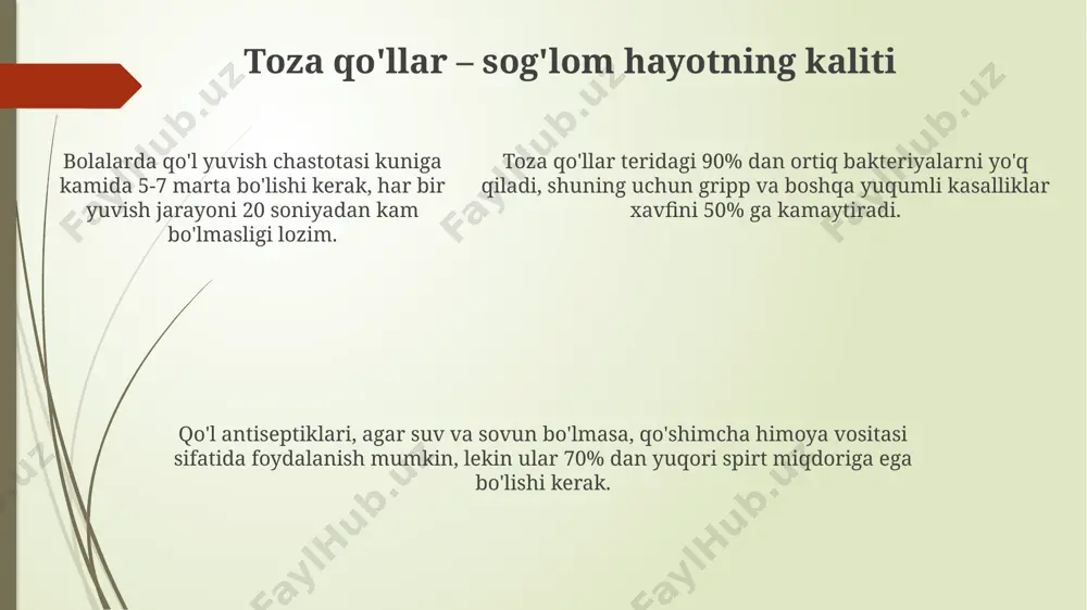 idalari, masalan, muntazam uxlash va turish vaqti, tinch va qulay yotoqxona muhiti, bolaning 12 yoshgacha bo'lgan davrida to'g'ri uyqu odatlarini shakllantirishga yordam beradi. bolalar va o'smirlarda 8-10 soat sog'lom uyqu muhim ahamiyatga ega bo'lib, o'sish gormonlari ishlab chiqarilishini va immun tizimini mustahkamlashga yordam beradi. kun davomida kamida 30 daqiqa jismoniy faoliyat bilan shug'ullanish, stressni kamaytirish va uyqu sifatini yaxshilashga yordam beradi, bu esa 6-8 yoshdagi bolalarda ayniqsa muhimdir. jinsiy gigiena asoslari qizlarda jinsiy a'zolarning gigienasi paytida labia maydonini yaxshilab tozalash muhim, ammo kuchli ishqalanishdan saqlanish lozim, bu nozik terini shikastlashi mumkin. 8-12 yosh oralig'idagi bolalar jinsiy a'zolarning tuzilishi va funktsiyalari haqida asosiy bilimlarga ega bo'lishlari kerak, bu esa ularga o'z tanalarini to'g'ri parvarish qilishga imkon beradi. jinsiy a'zolarning gigienasi kuniga kamida 2 marta, iliq suv va neytral ph ga ega bolalar sovuni bilan yuvishni o'z ichiga oladi, bu infektsiyalarni oldini olishga yordam beradi. o'smirlik davrida o'zgarishlar va gigiena oʻsmirlik davrida …