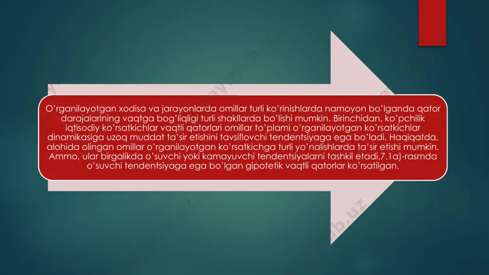 kslash; 2. s – mavsumiy komponentaning qiymatini hisoblash; 3. qator tenglamasidan mavsumiy komponentalarni chiqarib tashlash va additiv modelda (t+e) yoki multiplikativ modelda (t·e) tekslangan qiymatlarni topish; 4. (t+e) yoki (t·e) darajalarni analitik tekslash va hosil bo’lgan trend tenglamasini qo’llab t ning qiymatlarini hisoblash; 5. hosil bo’lgan modelda (t+e) yoki (t·e)ning qiymatlarini hisoblash; 6. mutloq va yoki nisbiy xatoliklarni hisoblash. e’tiboringiz uchun tashakkur image6.jpg image7.jpg image8.jpg image2.png image3.png image4.png image5.png