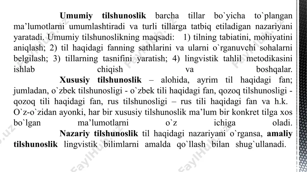 inchisining bo`lishini talab qiladi. har bir konkret til o`zining ana shu uzvlari bilan bir butun tizimni, sistemani, til tizimini tashkil etadi. 3. til – taraqqiy qilib, o`zgarib boruvchi hodisa til to`xtovsiz ravishda o`zgarib turuvchi, taraqqiy etib boruvchi ijtimoiy hodisadir. til taraqqiyoti jamiyat taraqqiyoti bilan bevosita bog`liq. tilning taraqqiyoti birinchi navbatda uning lug`at boyligida o`z aksini topadi. kishilar hayotidagi o`zgarishlar, ilm-fan va madaniyatning taraqqiyoti leksikani boyitib boradi. tilning tovushlar tizimi va grammatik qurilishi esa juda sekinlik bilan o`zgaradi. buni til tarixini o`rganish orqaligina sezish mumkin. o`zbek tili - o`zbek millatining tili, o`zbek tili - o`zbekiston respublikasining davlat tili. davlat tili sifatida o`zbek adabiy tilining mavqei beqiyos darajada o`sdi, xizmat doirasi kengaydi, lug`at tarkibi boyidi, fonetik tizimi, grammatik qurilishning takomillashuvida katta o`zgarishlar yuz bergani ham shunda ko`rinadi. o`zbek milliy tili hozirgi o`zbek millatiga mansub bo`lgan barcha kishilarning umumiy va yagona tilidir. u o`zbek millatining shakllanishi bilan bevosita bog`liq. o`zbek millati shakllangunga qadar …