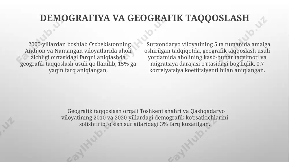 oʻzbekistonning 12 ta viloyati boʻyicha 2022-yilgi paxta hosildorligi statistikasini geografik taqqoslash orqali mintaqalararo farqlarni va eng yuqori hosil beradigan hududlarni aniqlash mumkin. kelajakda geografik taqqoslash usulining rivojlanishi kelajakda geografik maʼlumotlarni tahlil qilishda sunʼiy intellektning 30% ga oshishi kutilmoqda, bu esa oʻzbekiston kabi rivojlanayotgan mamlakatlar uchun katta imkoniyatlar yaratadi. geografik modellashtirishda kvant hisoblash texnologiyalarining joriy etilishi 10 yil ichida aniqlikni 5 barobarga oshirib, aqsh va xitoy kabi davlatlarga strategik afzallik beradi. 2030 yilga kelib, geografik taqqoslash usullarining global qoʻllanilishi 15% ga oʻsishi va dunyoning 200 dan ortiq shaharlarida keng miqyosda qoʻllanilishi bashorat qilinmoqda. iqtisodiyot va geografik taqqoslash qoraqalpog'iston respublikasining baliqchilik sohasidagi 3 million dollarlik mahsulot va xorazm viloyatining 1 million dollarlik mahsulotini geografik omillar va iqtisodiy salohiyat nuqtai nazaridan taqqoslash iqtisodiy tahlilning asosiy qismidir. 2000-yillardan boshlab o'zbekistonning andijon viloyati va samarqand viloyatlarining paxta yetishtirish hajmini taqqoslash iqtisodiyot va geografik omillarni hisobga olgan holda amalga oshirilgan. toshkent shahridagi sanoat korxonalarining 15% va …