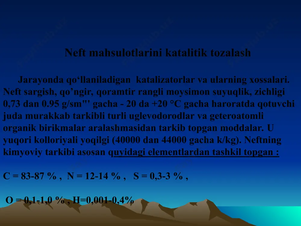 onida hosil bо‘luvchi moddalar benzin. ichki yonuv dvigatel silindrida benzin yonayotganda, murakkab kimyoviy jarayon sodir bo’ladi. ideal sharoitda yonilg’i butunlay yonib reaksiyaga asosan karbonat angidrid va suv hosil bo’lishi kerak. agar reaksiya haddan tashqari tez ketsa, yonish vaqtida detonatsiya hodisasi, ya’ni paqillab yonish sodir bo’ladi va dvigatelning tortish kuchi pasayib ketadi. ma’lum bo’lishicha, bu hodisa ham yoqilg’ining kimyoviy tarkibiga bogliq ekan. normal tuzilishga ega bo’lgan parafinlar (oktan) detonatsiyaga ancha moyil, tarmoqlangan parafinlar (izooktan) esa detonatsiyaga kamroq uchrab, ichki yonuv dvigatellarda yaxshi yonuvchi modda hisoblanadi. kerosin. benzindan keyingi fraksiya kerosin deyiladi. kerosin ham turli-tuman maqsadlarda, asosan, traktorlar uchun yoqilgi sifatida ishlatiladi. xrzirgi zamon samolyotlarida xam yoqilg’i sifatida kerosin ishlatiladi. kerosinning tutashini kamaytirish uchun tarkibidagi aromatik uglevodorodlar miqdori kamaytiriladi. tuyinmagan birikmalarni yo’qotish maqsadida kerosin sulfat kislota, vodorod ftorid kabilar bilan ishlanadi. kerosinni turli xil katalizatorlar ishtirokida krekingga uchratib benzin va gazsimon alkan hamda alkenlar hosil qilish mumkin. gazoyl yoki boshkacha d i …