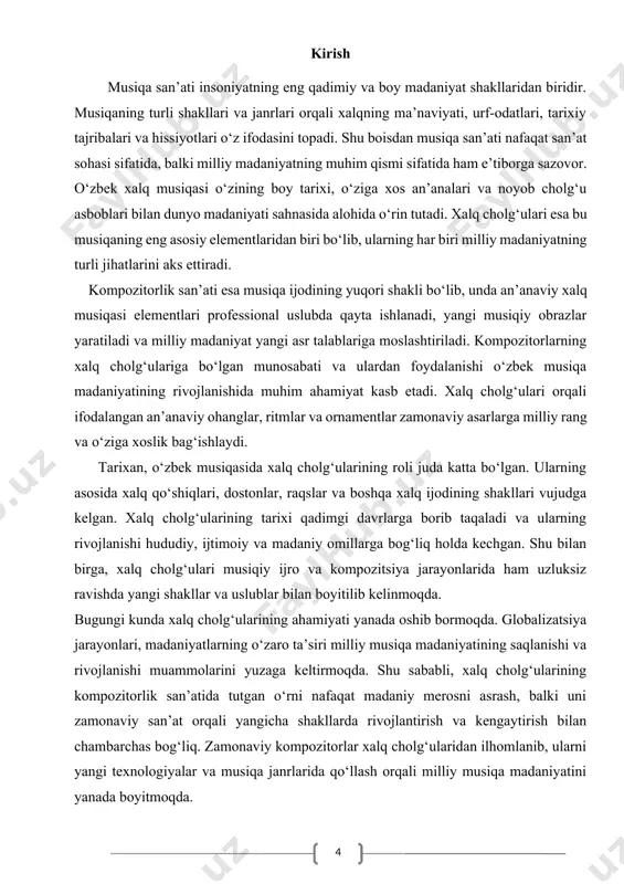 angi texnologiyalar va musiqa janrlarida qo‘llash orqali milliy musiqa madaniyatini yanada boyitmoqda. shu ma’noda, kompozitorlik san’atida xalq cholg‘ularining roli o‘zbek musiqa madaniyatining ajralmas qismi sifatida o‘rganilishi zarur. bu kurs ishining asosiy maqsadi xalq cholg‘ularining tarixi, turlari, ularning kompozitorlik san’atida qo‘llanilishi va zamonaviy musiqa jarayonlaridagi o‘rni haqida ilmiy asoslangan tahlil olib borishdir. ish davomida xalq cholg‘ularining milliy madaniyatdagi roli, ularning ijodiy faoliyatga ta’siri va yangi asrlardagi muammolar hamda istiqbollarini o‘rganish ko‘zda tutilgan. kurs ishida amalga oshiriladigan tadqiqotlar nafaqat tarixiy va nazariy ma’lumotlarga asoslanadi, balki zamonaviy musiqa asarlaridagi xalq cholg‘ularining o‘rnini o‘rganish, professional kompozitorlarning asarlaridagi xalq cholg‘ulari elementlarini tahlil qilish kabi amaliy jihatlar ham o‘rganiladi. shu bilan birga, milliy madaniyatni saqlash va rivojlantirishga oid tavsiyalar ishlab chiqiladi. ushbu ishning dolzarbligi shundaki, xalq cholg‘ulari nafaqat o‘zbek milliy madaniyatining ajralmas qismi, balki ular zamonaviy musiqaning rivojlanishida ham muhim rol o‘ynaydi. milliy madaniyatni asrash va uni zamonaviylashtirish jarayonida xalq cholg‘ularining o‘rni to‘g‘risida ilmiy asoslangan tushuncha …