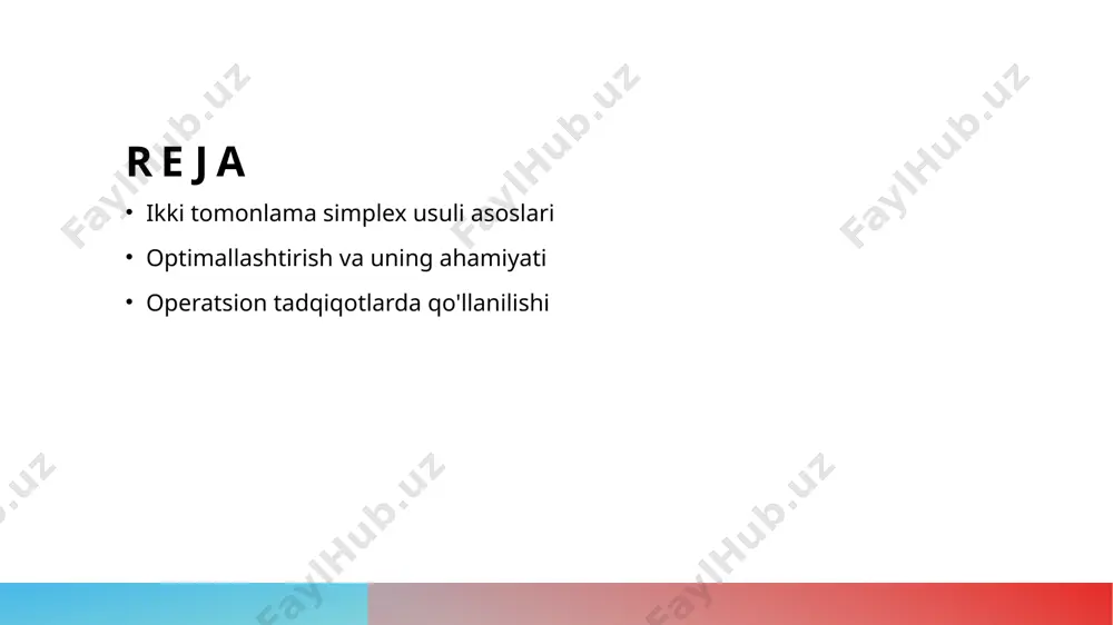 r qabul qilish jarayonlarini tezlashtiradi, chunki u real vaqt rejimida yechimlar ishlab chiqish imkonini beradi. optimallashtirish jarayonida maqsad va cheklovlar tahlili. maqsadlar tahlili optimallashtirish jarayonida maqsadlar aniqlanadi, bu resurslardan samarali foydalanishni ta'minlaydi va rivojlanish imkoniyatlarini ochadi. cheklovlar va shartlar cheklovlar resurslar va shartlar bilan bog'liq bo'lib, maqsadlarga erishish uchun qanday imkoniyatlar mavjudligini belgilaydi va muayyan chegaralarni belgilaydi. muvaffaqiyatli yechimlar maqsad va cheklovlar tahlili orqali muvaffaqiyatli yechimlar ishlab chiqiladi, bu esa operatsion tadqiqotlar va qaror qabul qilish jarayonlarida muhim ahamiyatga ega. iqtisodiy samaradorlik: optimallashtirishning biznesdagi roli. 1 iqtisodiy samaradorlik iqtisodiy samaradorlik, resurslarni optimal taqsimlash orqali xarajatlarni kamaytirish va foydani oshirishga yordam beradi. bu, biznesni samarali boshqarishning asosidir. 2 strategik qarorlar optimallashtirish jarayonlari, strategik qarorlar qabul qilishda aniq ma'lumot taqdim etadi. bu, raqobatbardosh ustunliklarni ta'minlashda muhim ahamiyatga ega. 3 resurslarni boshqarish resurslarni optimal taqsimlash, ishlab chiqarish va xizmat ko'rsatish jarayonlarida samaradorlikni oshiradi. bu, xarajatlarni kamaytirish va daromadlarni oshirish imkonini beradi. 4 innovatsiyalarni …