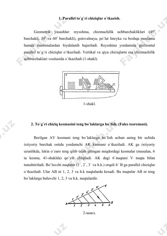 k bilan belgilanadi va u quyidagicha aniqlanadi: d - d k = (( = tg ( k = 2 i l konuslikni yasash. berilgan o`qqa nisbatan 1: n konuslikni yasash, konus o`qining har bir tomonida 1:2 n qiyaliklarni yasashdan iboratdir. birordetallarning konusligini yasash uchun uning diametrlaridan biri va konus uzunligi l berilishi lozim. masalan: konusligi kq1:5, katta diametri dq40 mm va uzunligi lq60 mm bo`lgan konussimon detalning (45-shakl) kichik diametri d konuslik formasiga binoan quyidagicha aniqlanadi: 1 d =d - kl = 4a - ( ( 60 =28 mm 5 4. muntazam kupburchakliklar yasash. muntazam kupburchaklilar yasash aylanarli teng bo`laklarga bo`lish qoidalariga asoslangan: 1 uchta va to`rtta bo`lakka bo`lish d nuqtadan radiusi r ga teng hamda aylanini 1 va 2 nuqtalarda kesib o`tuvchi yoy chiziladi.12 kesma uchburchaklikning bir tomonini, as esa turtburchaklikning bir tomonini beradi. 2 beshta va o`nta bo`lakka bo`lish в nuktadan r radius bilan yoy o`tkaziladi. bu yoy …