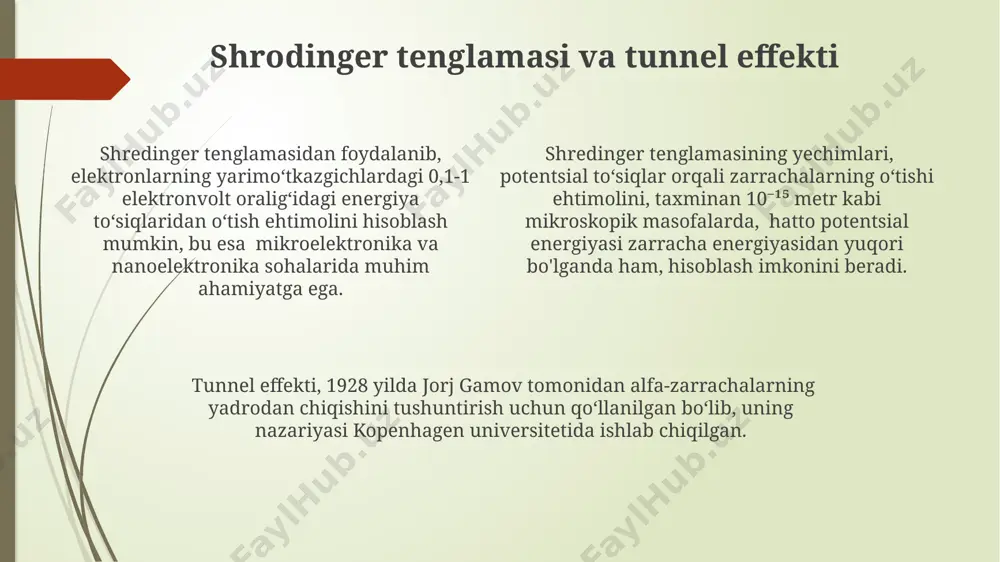 o'tish ehtimolligini ko'rsatadi. radioaktiv parchalanish jarayonida, masalan, uran-238 ning alfa-zarrasi yadrodan 10⁻²¹ soniyada 10⁻¹⁵ metr masofaga tunnel effekti orqali o'tib ketishi kuzatiladi, bu esa klassik fizika qonunlariga ziddir. tunnel effekti tufayli, taxminan 10 mev energiyaga ega bo'lgan protonlar 20 nm qalinlikdagi potensial to'siqni moskva yaqinidagi ilmiy markazlarda o'tkazilgan tajribalar natijasida yengib o'tishi aniqlangan. tunnel effekti ehtimolligi tunnel effekti ehtimolligini hisoblashda, to'siqning kengligi 1 nanometrdan kam bo'lganda, elektronning 50% dan ortiq ehtimollik bilan to'siqdan o'tib ketish ehtimoli yuqori bo'ladi. tunnel effekti ehtimolligini ta'sir qiluvchi omillar orasida to'siqning balandligi (potensial to'siq), zarracha energiyasi va to'siqning kengligi, masalan, 10-20 angstrom oralig'ida bo'lishi muhim rol o'ynaydi. 1928 yilda jorj gamov tomonidan yadro fizikasi sohasida alfa parchalanishini tushuntirishda qo'llanilgan tunnel effekti ehtimoli, yadro kuchlarining qisqa masofali ta'siriga bog'liq bo'lib, uning ehtimolligi 10⁻² dan 10⁻¹⁵ gacha o'zgarib turadi. kvant mexanikasi asoslari квант механикасининг асосий постулатларидан бири, 1920-йилларда вернер гейзенберг ва эрвин шредингер томонидан формулалаштирилган, ноаниқлик принципини …