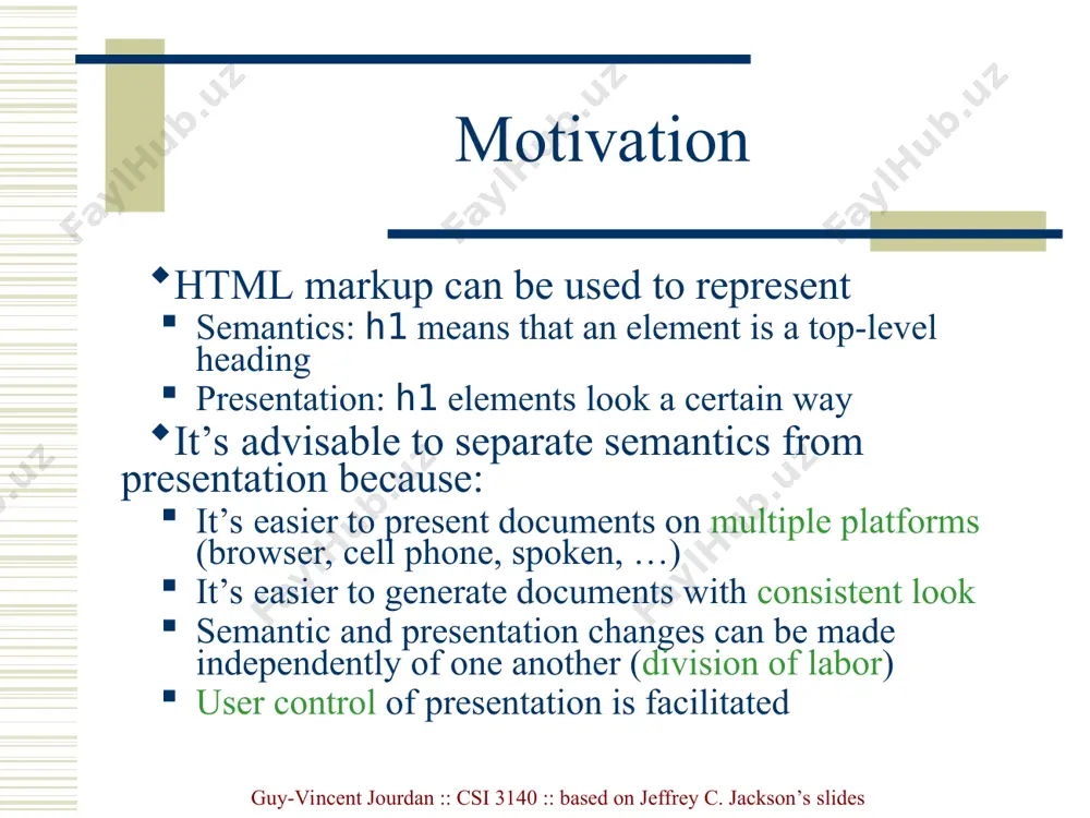 ey c. jackson’s slides guy-vincent jourdan :: csi 3140 :: based on jeffrey c. jackson’s slides css introduction title attribute provides style sheet name guy-vincent jourdan :: csi 3140 :: based on jeffrey c. jackson’s slides guy-vincent jourdan :: csi 3140 :: based on jeffrey c. jackson’s slides css introduction alternative, user selectable style sheets can be specified guy-vincent jourdan :: csi 3140 :: based on jeffrey c. jackson’s slides guy-vincent jourdan :: csi 3140 :: based on jeffrey c. jackson’s slides css introduction guy-vincent jourdan :: csi 3140 :: based on jeffrey c. jackson’s slides guy-vincent jourdan :: csi 3140 :: based on jeffrey c. jackson’s slides css introduction a styled html document produced by the style sheet style2.css: guy-vincent jourdan :: csi 3140 :: based on jeffrey c. jackson’s slides guy-vincent jourdan :: csi 3140 :: based on jeffrey c. jackson’s slides css introduction note that alternate, user …