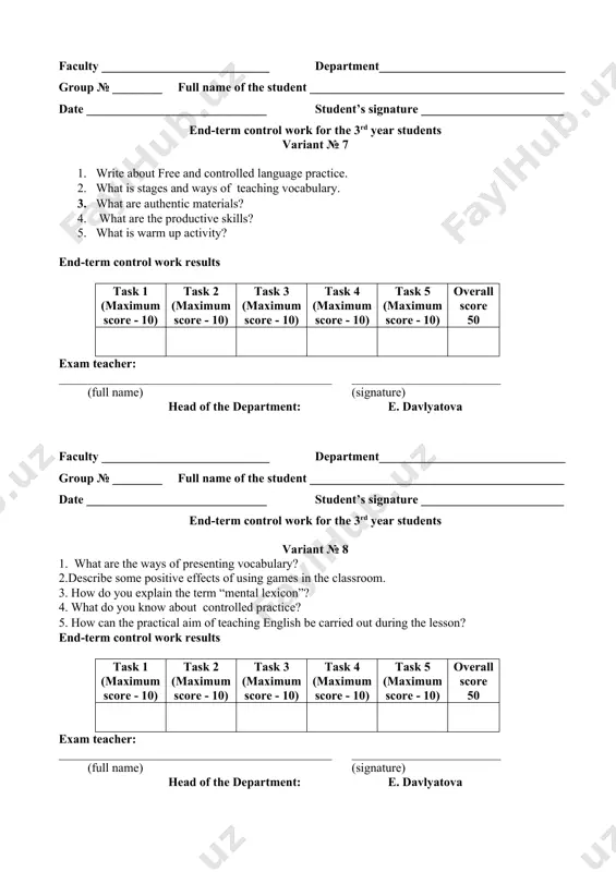 hat are the productive skills? 5. what is warm up activity? end-term control work results task 1 (maximum score - 10) task 2 (maximum score - 10) task 3 (maximum score - 10) task 4 (maximum score - 10) task 5 (maximum score - 10) overall score 50 exam teacher: ____________________________________________ ________________________ (full name) (signature) head of the department: e. davlyatova faculty ___________________________ department______________________________ group № ______ __ full name of the student _________________________________________ date _____________________________ student’s signature _______________________ end-term control work for the 3rd year students variant № 8 1. what are the ways of presenting vocabulary? 2.describe some positive effects of using games in the classroom. 3. how do you explain the term “mental lexicon”? 4. what do you know about controlled practice? 5. how can the practical aim of teaching english be carried out during the lesson? end-term control work results task 1 (maximum score - 10) …