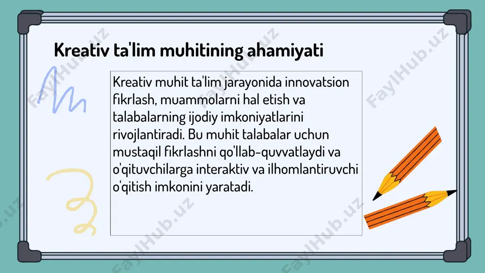 ojlantiradi. bu usullar talabalarga yangi g'oyalar yaratish va muammolarni yangi yondashuvlar bilan hal qilish imkonini beradi. guruh muhokamalari va brainstorming texnikalari fikrlashni kengaytiradi. bu metodlar yordamida talaba o'z fikrlarini erkin ifoda etadi va innovatsion yechimlar topadi. ijodiy fikrlashni baholash usullari talabalarning ijodiy fikrlashini baholash uchun rubrika va o'z-o'zini baholash usullari qo'llaniladi. rubrikalar yordamida aniq mezonlar bo'yicha baho beriladi, o'z-o'zini baholash esa talabalarning o'z fikrini va yondashuvini tahlil qilish imkonini beradi. e'tibor berilishi kerak bo'lgan jihatlar: ob'ektivlik, baholash mezonlari va talabalarning fikrini erkin ifoda qilish imkoniyati. photo by erik mclean on unsplash ijodiy fikrlashni rivojlantirishda texnologiyalardan foydalanish zamonaviy texnologiyalar, masalan, sun'iy intellekt, virtual va kengaytirilgan haqiqat, interaktiv platformalar va onlayn resurslar, ijodiy fikrlashni rivojlantirishda muhim rol o'ynaydi. khan academy, coursera, youtube kabi platformalar yordamida talabalar yangi g'oyalar va muammo yechish ko'nikmalarini oshiradi. virtual laboratoriyalar va loyiha asosidagi o'qitish esa ijodiy fikrlashni mustahkamlash imkonini yaratadi. photo by markus spiske on unsplash xulosa …