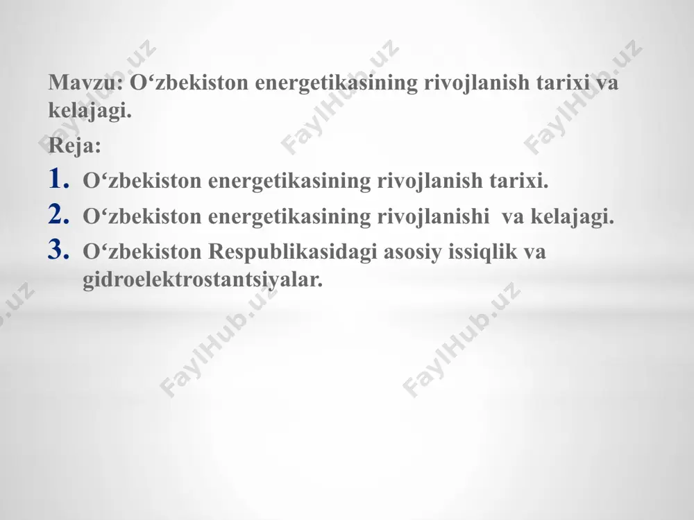 ergiyasi ishlab chiqarish umumiy quvvati 9,5 gvt ga yaqin boʻlgan (sirdaryo, navoiy, tolimarjon, taxiatosh, toʻraqoʻrgʻon issiqlik elektr stantsiyalari va boshqalarda) zamonaviy elektr stantsiyalarini qurish; 3. umumiy quvvati 3,2 gvt ga yaqin boʻlgan gaz-porshenli qurilmalar, aviatsiya gaz turubinalari va zamonaviy elketr energiya zaxiralash tizimlari asosida (sirdaryo,toshkent ies, muborak iem va x.k.) manyovrli ishlab chiqarish quvvatlarini qurish; 4.umumiy quvvati 8400 mvt dan ziyod boʻlgan qayta tiklanadigan energiya manbalari asosida ishlaydigan quyosh, shamol va gidroelekrstantsiyalarni qurish va ularning jami elektr energiyasini ishlab chiqarishdagi ulushini 25 % ga yetkazish; 5. 2400 mvt quvvatga ega boʻlgan atom elektr stantsiyasini qurish kiritilgan.. issiqlik elektr stantsiyalari: kondensatsion elektr stantsiyalari. kes-lar odatda yoqilgʻi qazib olinadigan va suv tahminoti yaxshi boʻlgan joylarga quriladi 1-yoqilgʻi ombori va yoqilgʻi uzatish sistemasi; 2-yoqilgʻi tayyorlash sistemasi; 3- bugʻ generatori; 4-turbina; 5-kondensator; 6-sirkulyatsion nasos; 7-kondensat nasosi; 8-tahminlovchi nasos; 9-bugʻ generatorining oʻtxonasi; 10-parrak; 11- tutun; 12-havo isitgich; 13-suv ekonomayzeri; 14-past bosimli suv isitgich; 15- deaerator; …