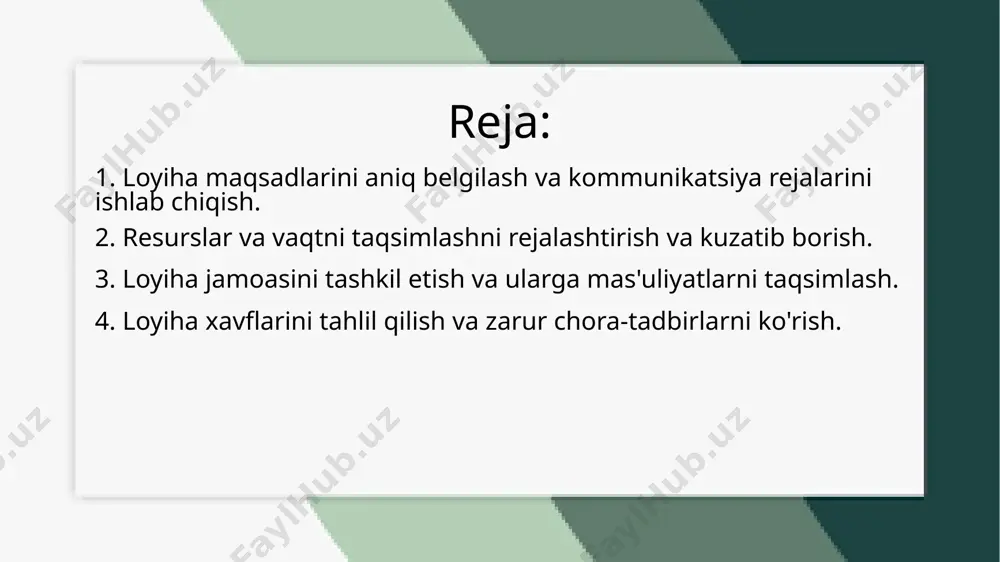 , inson resurslari, moliyaviy mablag'lar va texnologiyalarni samarali taqsimlashni o'z ichiga oladi. har bir resursni o'z vaqtida va to'g'ri miqdorda taqdim etish, loyihaning to'g'ri yo'nalishda borishini ta'minlaydi. resurslar rejalashtirilganda, ularning har bir turining yetarliligi, ishlash imkoniyatlari va zarur bo'lganda zaxiralar bilan ta'minlanishi kerak. vaqtni taqsimlash loyiha davomida barcha vazifalarning bajarilish muddatlarini belgilashni taqozo etadi. bunda, har bir vazifa uchun bajariladigan vaqtni aniqlash va uni umumiy loyiha muddatiga moslashtirish kerak. loyiha jadvali, vaqtning samarali boshqarilishi uchun muhim vosita bo'lib, unda har bir bosqichning boshlanishi va tugashi, shuningdek, kerakli resurslar va mas'uliyatlar aniq ko'rsatiladi. kuzatib borish jarayoni loyiha davomida resurslar va vaqtning qanday ishlatilayotganini nazorat qilishni o'z ichiga oladi. loyiha holatini muntazam ravishda baholab, rejalashtirilgan muddatlar va resurslar bilan solishtirib borish, kechikishlar yoki resurslarning noto'g'ri ishlatilishini aniqlash imkonini yaratadi. agar zarur bo'lsa, o'zgartirishlar kiritish va loyihani yo'naltirish orqali samaradorlikni oshirish mumkin. 3. loyiha jamoasini tashkil etish va ularga mas'uliyatlarni taqsimlash. loyiha jamoasini …
